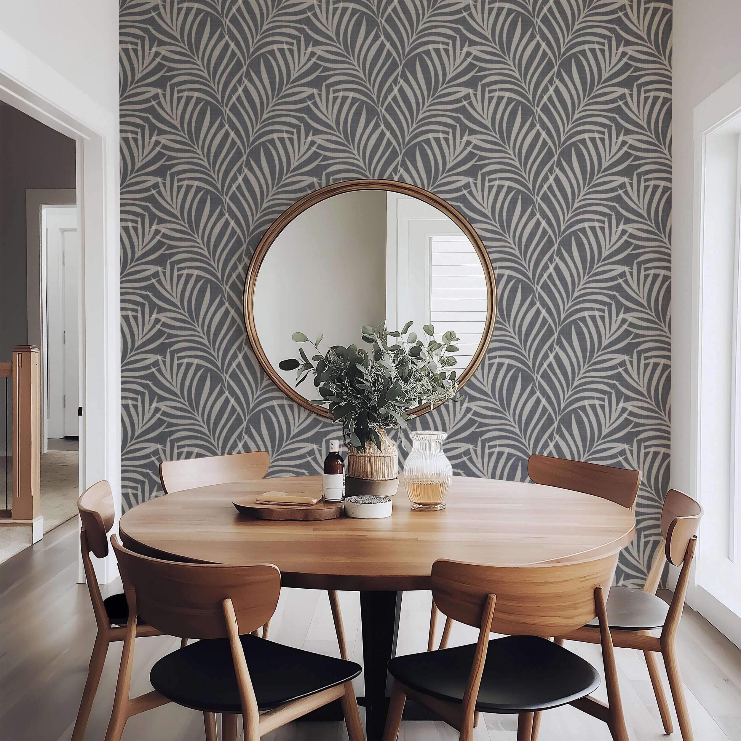 wallpaper removable peel and stick or renter friendly pre-pasted in moody tropical boho palm leaf fronds on charcoal back with faux linen texture. For bathroom, powder room, dark botanical bedroom, dining room, or entry way.