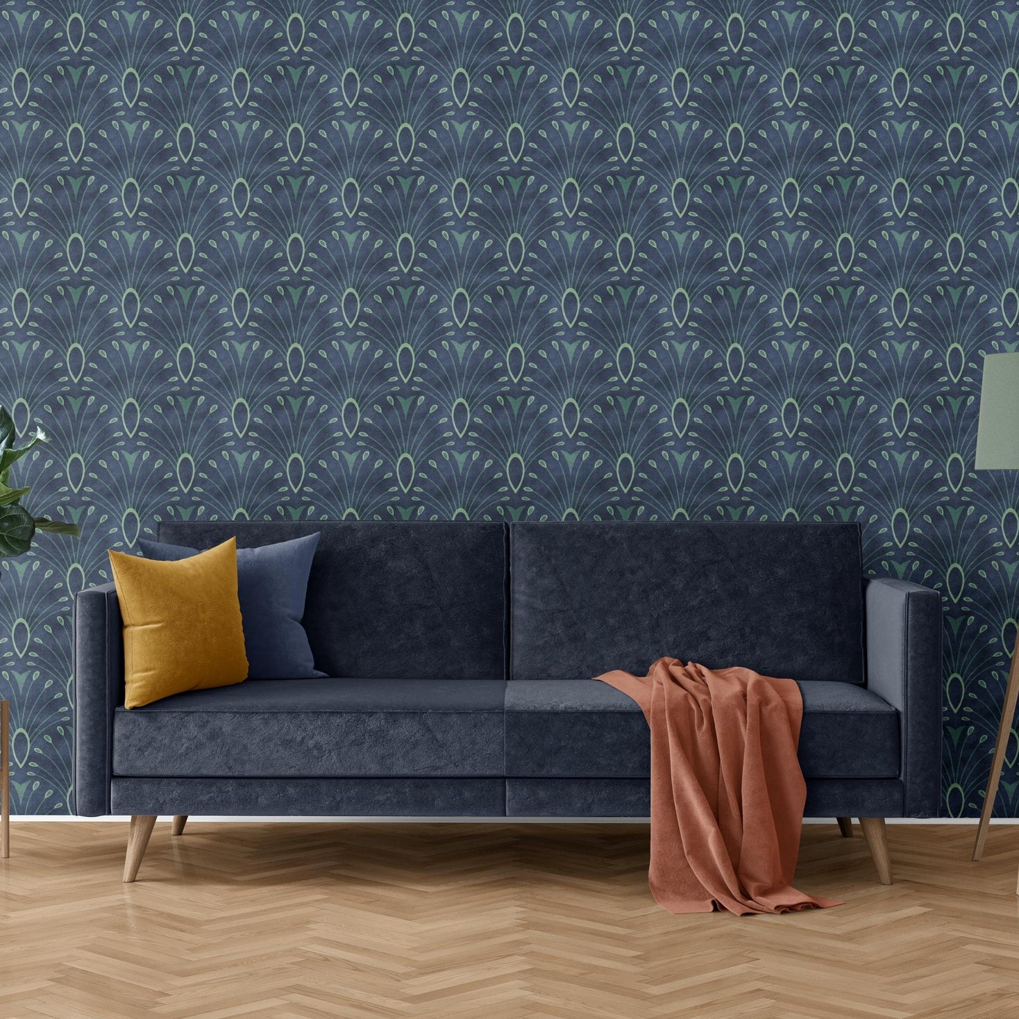 wallpaper peel and stick or prepasted shown in dark navy blue with abstract peacock bird feather pattern. An art deco mid century modern moroccan inspired tile like scallop pattern perfect for bathroom, bedroom, entryway, office, or dining room accent wall.