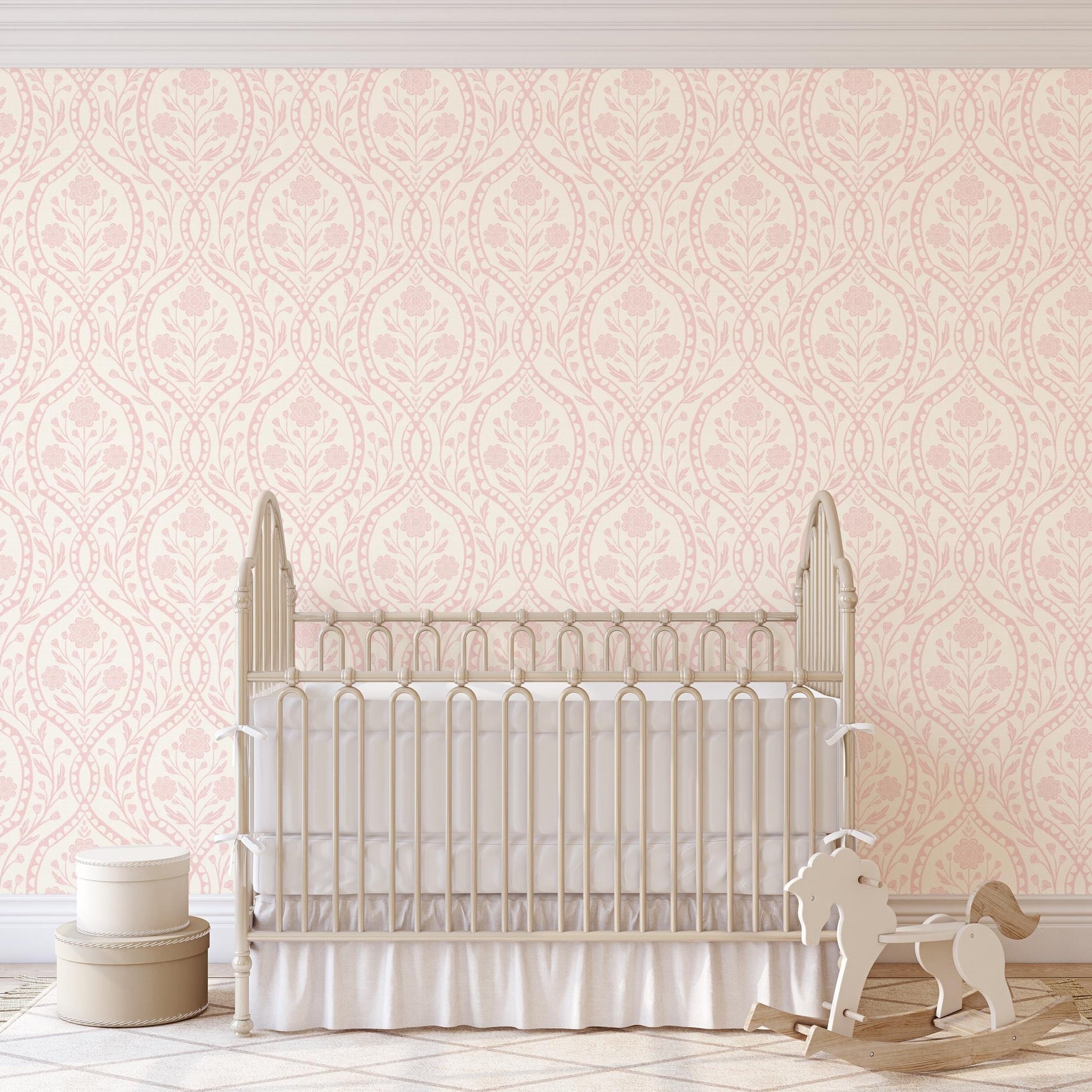Baby girl nursery wallpaper in pink wildflower floral damask. Removable prepasted, peel and stick and samples for tween room, cottagecore or Victorian home decor. A feminine romantic coquette pastel design.