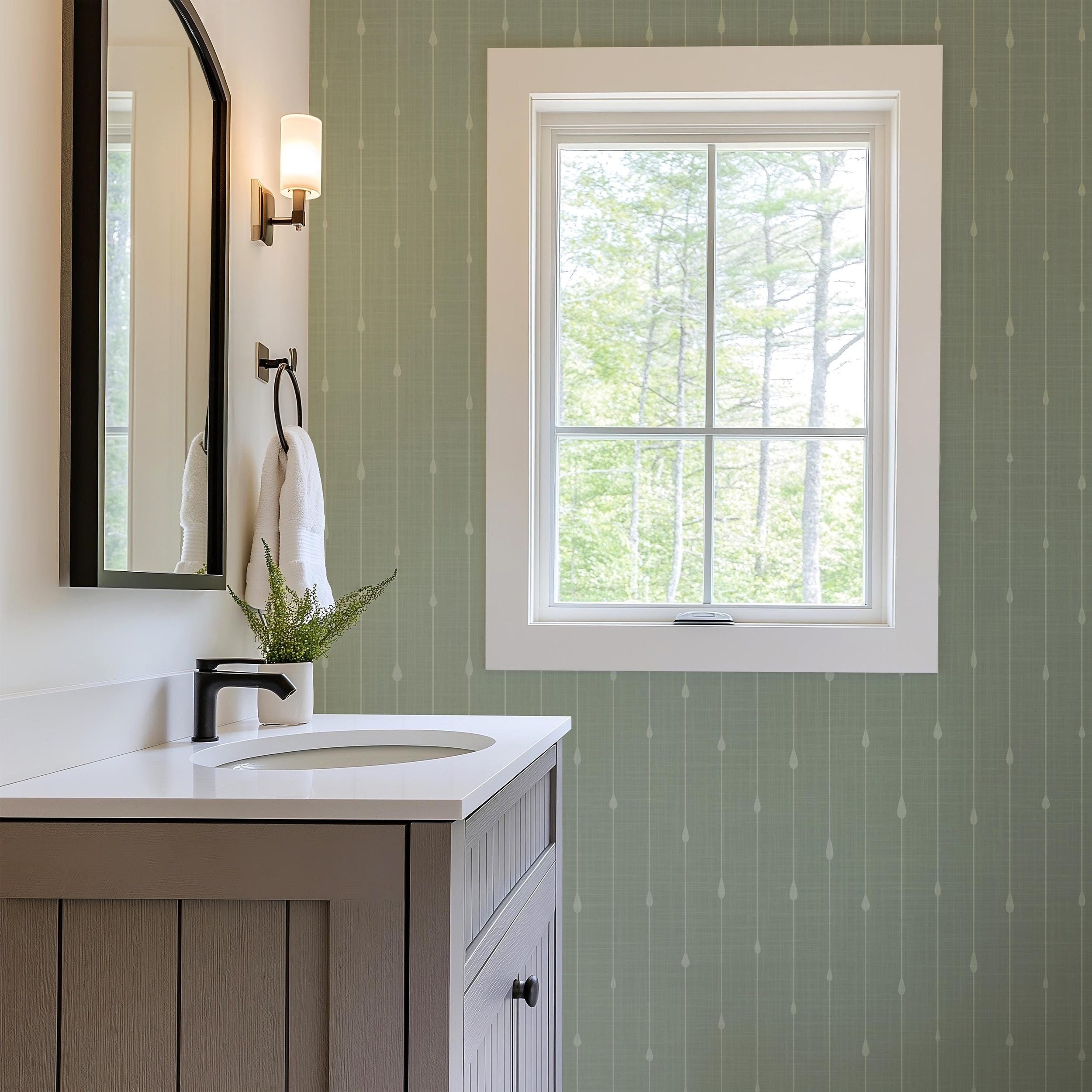 sage green peel and stick or removable prepasted wallpaper a versatile stripe that works for french country, cottagecore, and tropical boho coastal styles. An elegant renter friendly option for bathroom, baby nursery, bedroom, living room, powder room or dining room.