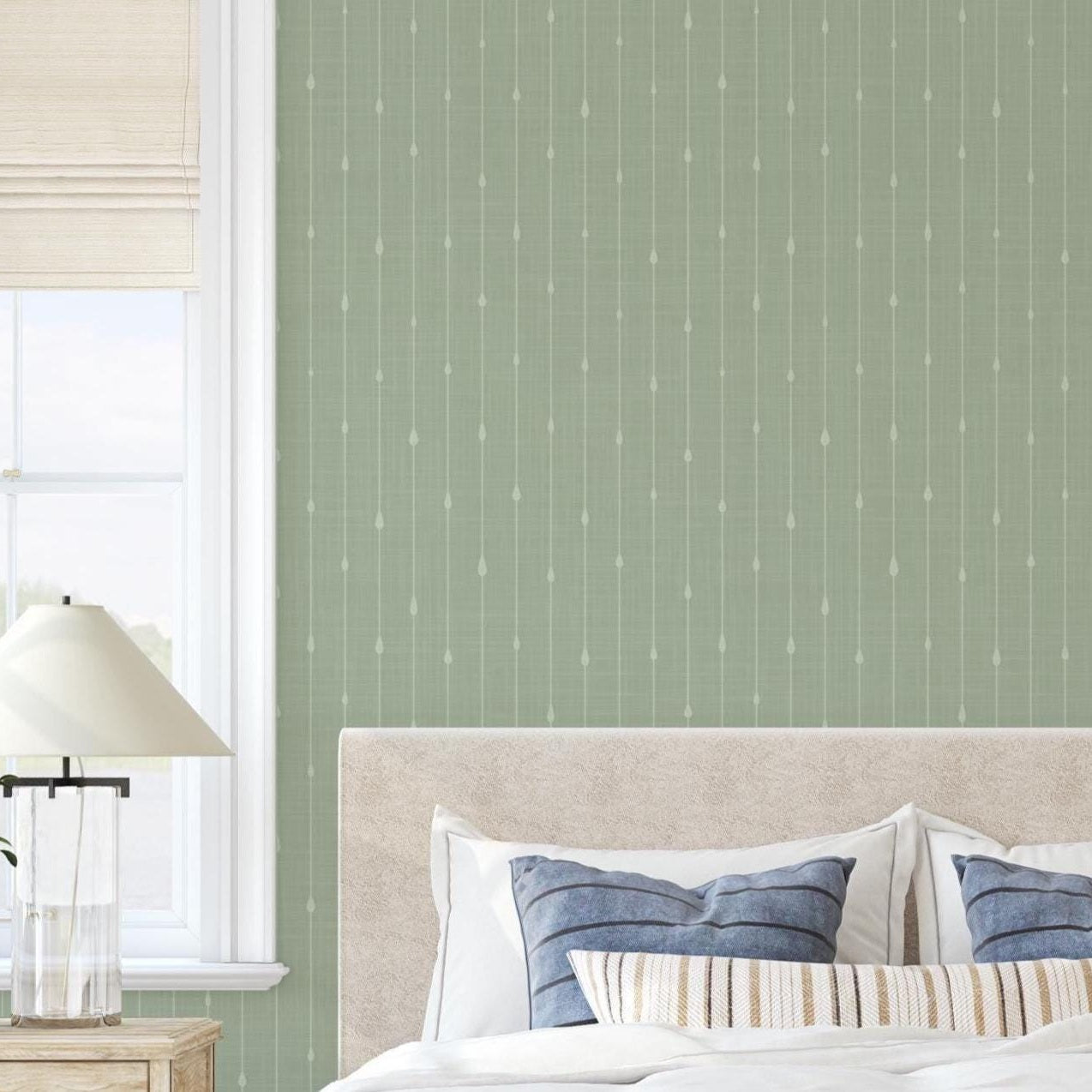 sage green peel and stick or removable prepasted wallpaper a versatile stripe that works for french country, cottagecore, and tropical boho coastal styles. An elegant renter friendly option for bathroom, baby nursery, bedroom, living room, powder room or dining room.