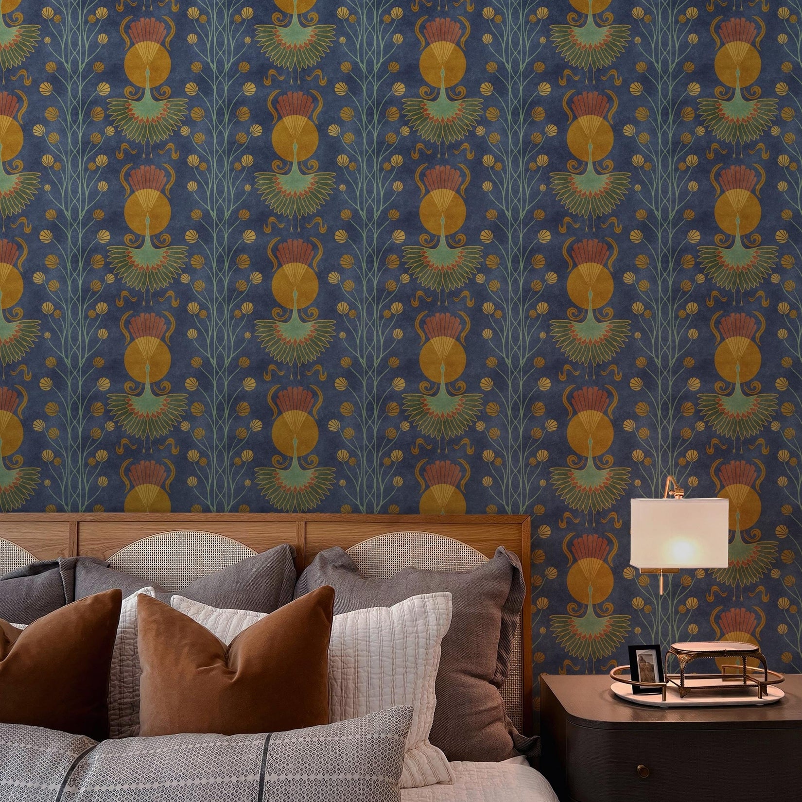 Shown here in peel and stick removable wallpaper. Hand-drawn Art Deco crane design in dark navy blue with moody botanical accents. Available in sample swatches. Ideal for bathroom walls, accent walls, and bedrooms.