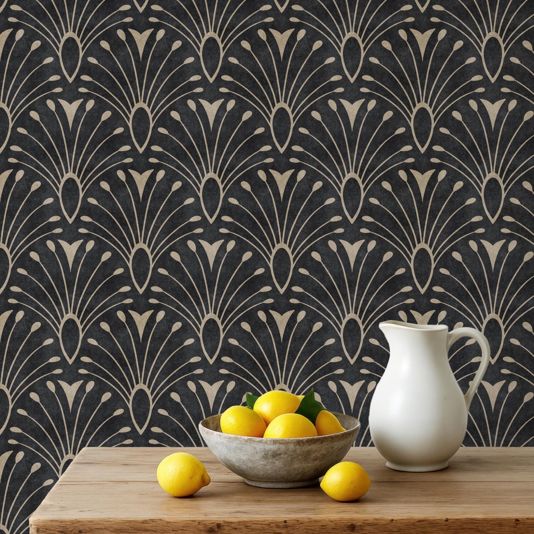 removable peel and stick or prepasted wallpaper with black art deco abstract feather fan pattern in tiled scallop. this 1920s glam print is perfect for a dark moody gothic, maximalist or mid century modern aesthetic for bathrooms, bedrooms, dining rooms and home offices.
