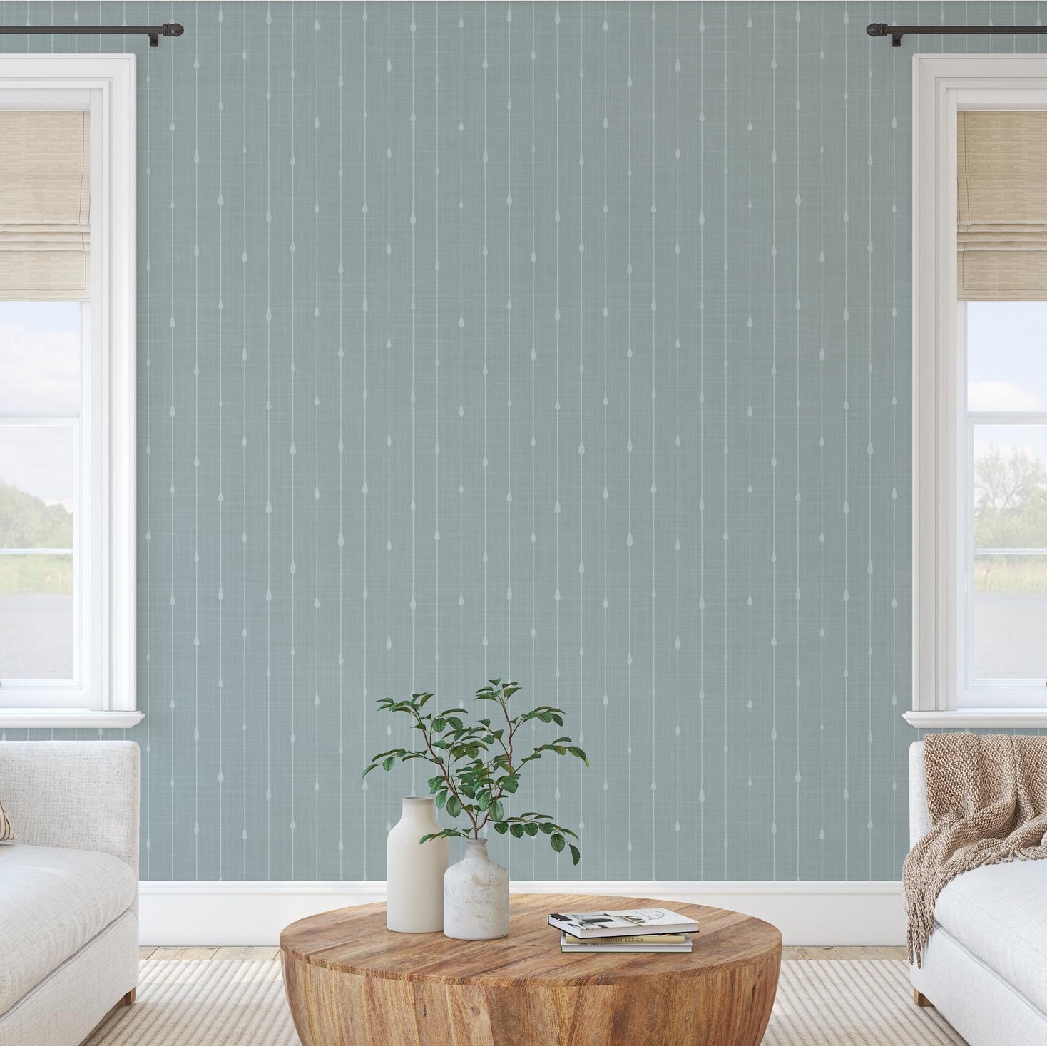 Blue stripe wallpaper for boys ocean nursery, baby boy room, or coastal toddler space. Shown in renter-friendly DIY style, available in peel and stick or prepasted options. Great for bathrooms, powder rooms, accent walls, or nautical baby nursery.