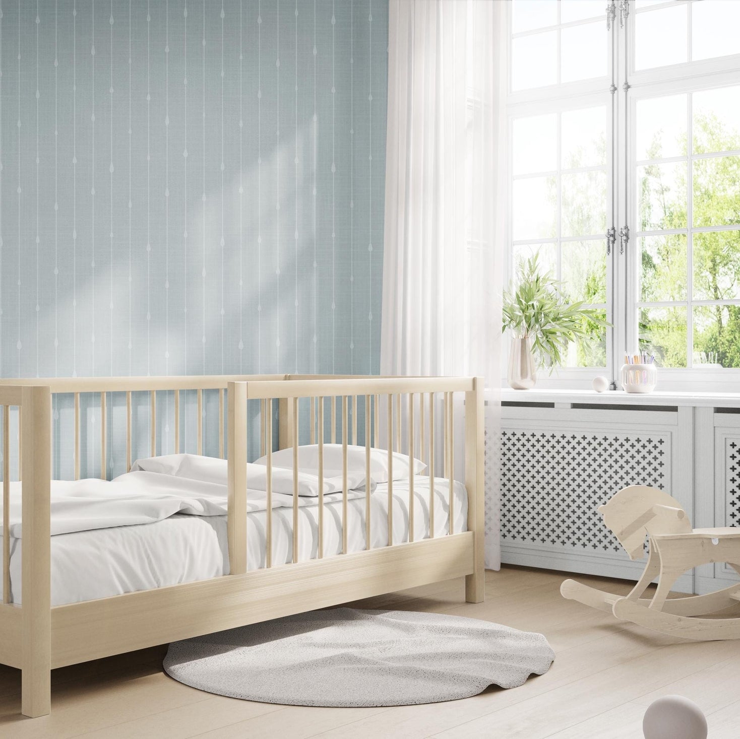 Blue stripe wallpaper for boys ocean nursery, baby boy room, or coastal toddler space. Shown in renter-friendly DIY style, available in peel and stick or prepasted options. Great for bathrooms, powder rooms, accent walls, or nautical baby nursery.
