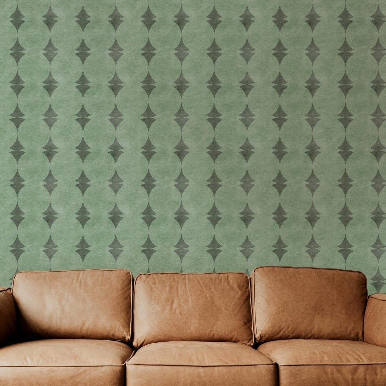 Sage green peel and stick or prepasted wallpaper with Mediterranean art deco stripe pattern and subtle stone texture. Ideal for coastal homes, powder rooms, rentals, kitchens, and DIY accent walls.