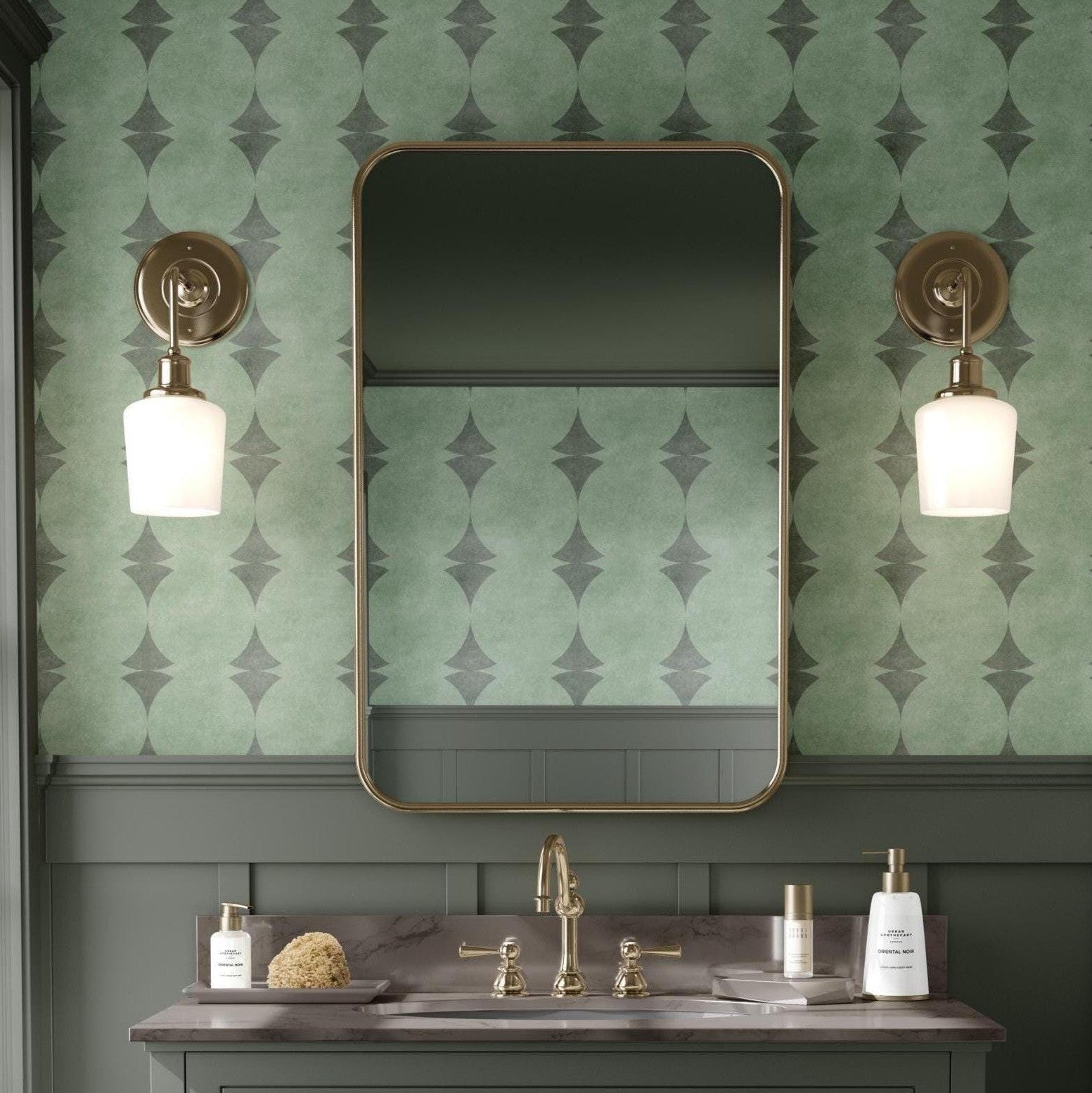 Sage green peel and stick or prepasted wallpaper with Mediterranean art deco stripe pattern and subtle stone texture. Ideal for coastal homes, powder rooms, rentals, kitchens, and DIY accent walls.