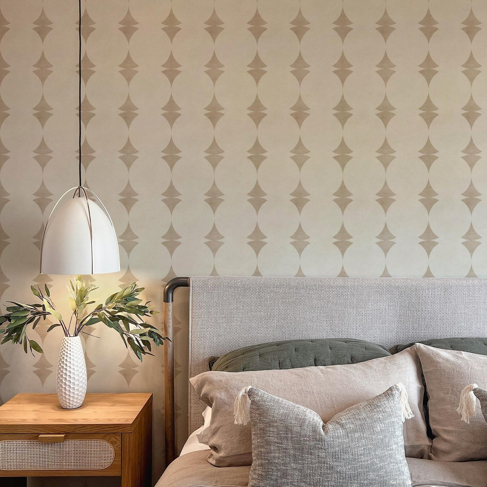 wallpaper in removable peel and stick or pre-pasted in neutral off white and warm beige stripe with a mid century modern art deco look. Perfect for coastal, MCM, glam and vintage inspired spaces for bathroom accent wall, powder room, living room, dining room, bedroom or hallway. A subtle understated timeless design.
