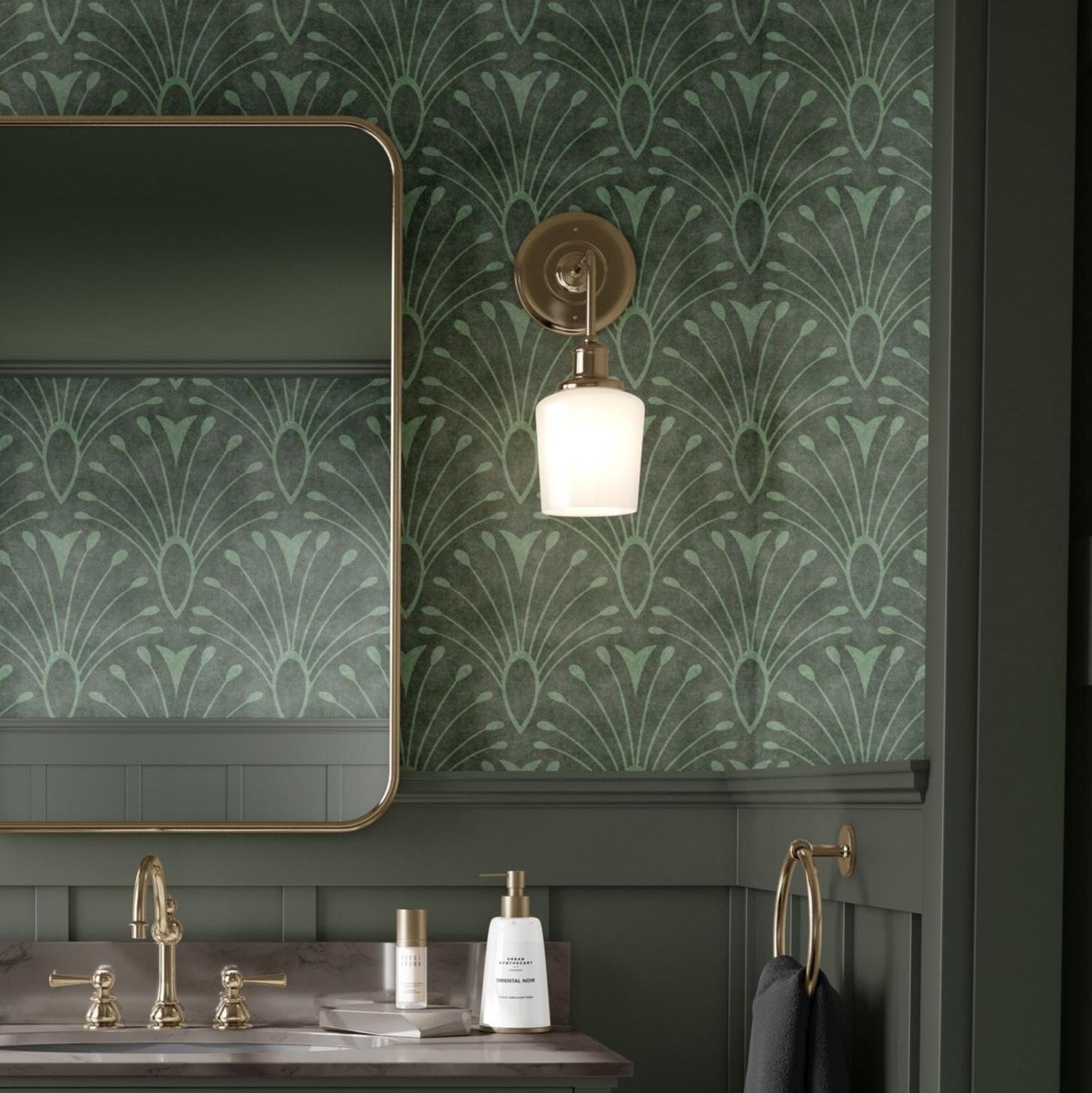 wallpaper peel and stick or prepasted shown in dark emerald sage green with abstract floral fan pattern. An art deco mid century modern moody botanical moroccan inspired tile like scallop pattern perfect for bathroom, bedroom, entryway, office, or dining room accent wall.