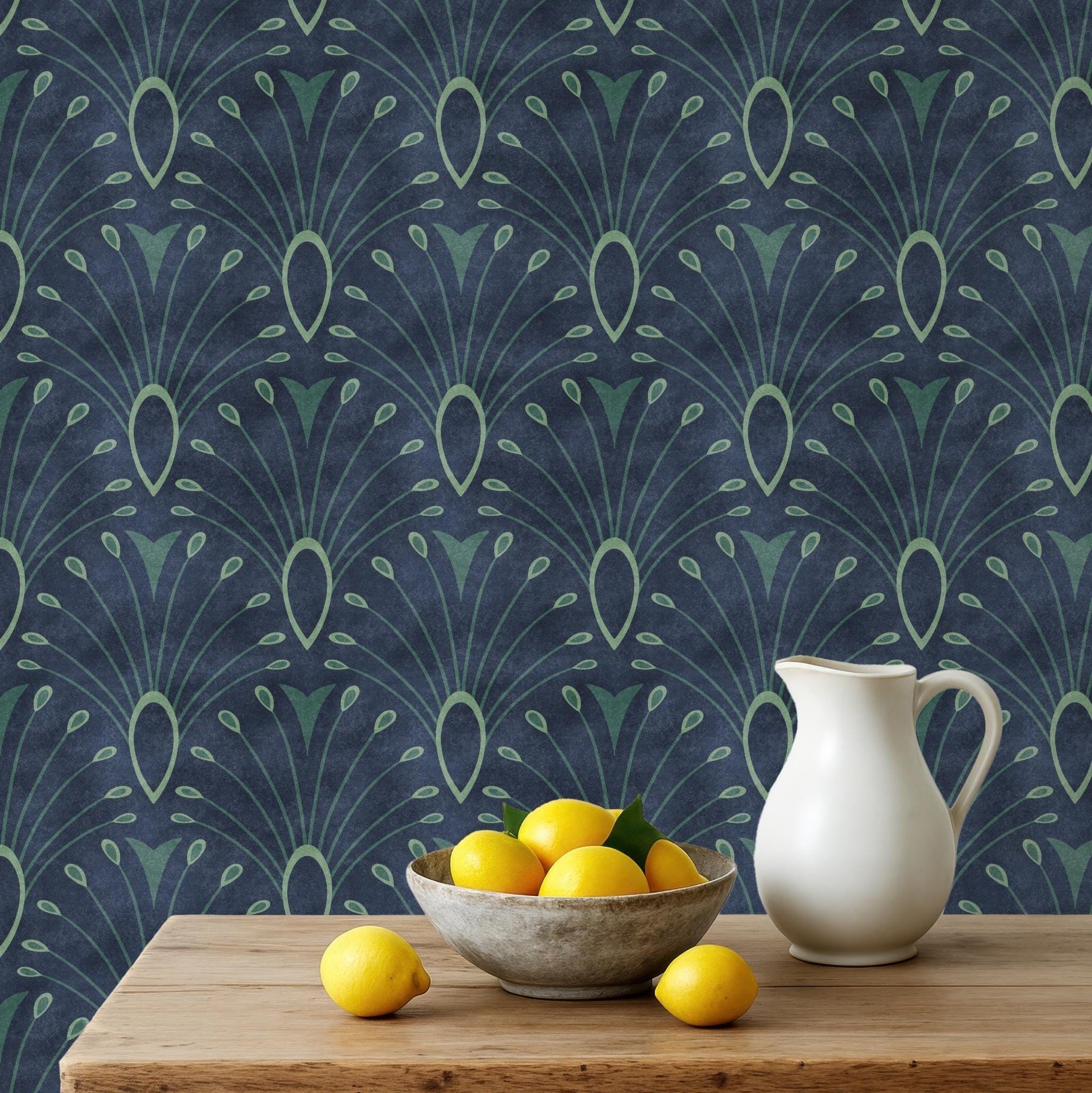 wallpaper peel and stick or prepasted shown in dark navy blue with abstract peacock bird feather pattern. An art deco mid century modern moroccan inspired tile like scallop pattern perfect for bathroom, bedroom, entryway, office, or dining room accent wall.