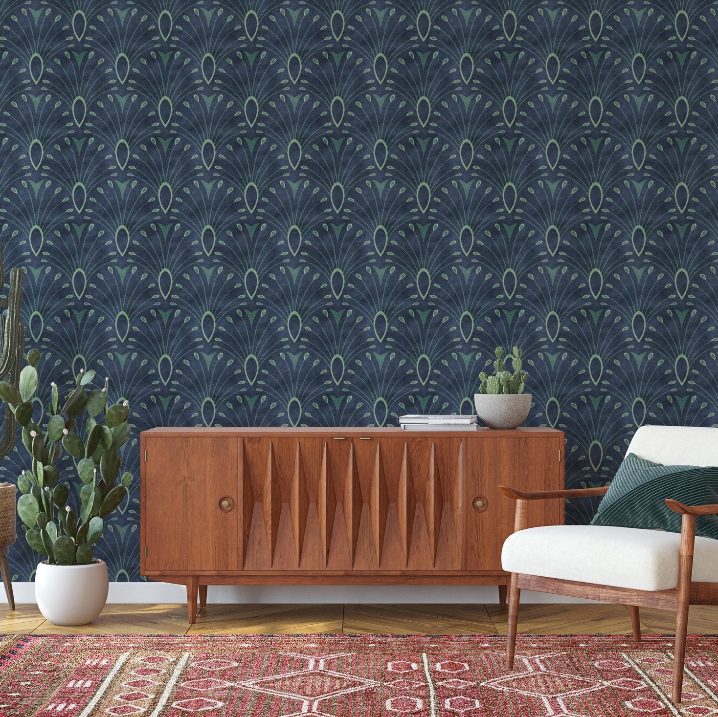 wallpaper peel and stick or prepasted shown in dark navy blue with abstract peacock bird feather pattern. An art deco mid century modern moroccan inspired tile like scallop pattern perfect for bathroom, bedroom, entryway, office, or dining room accent wall.