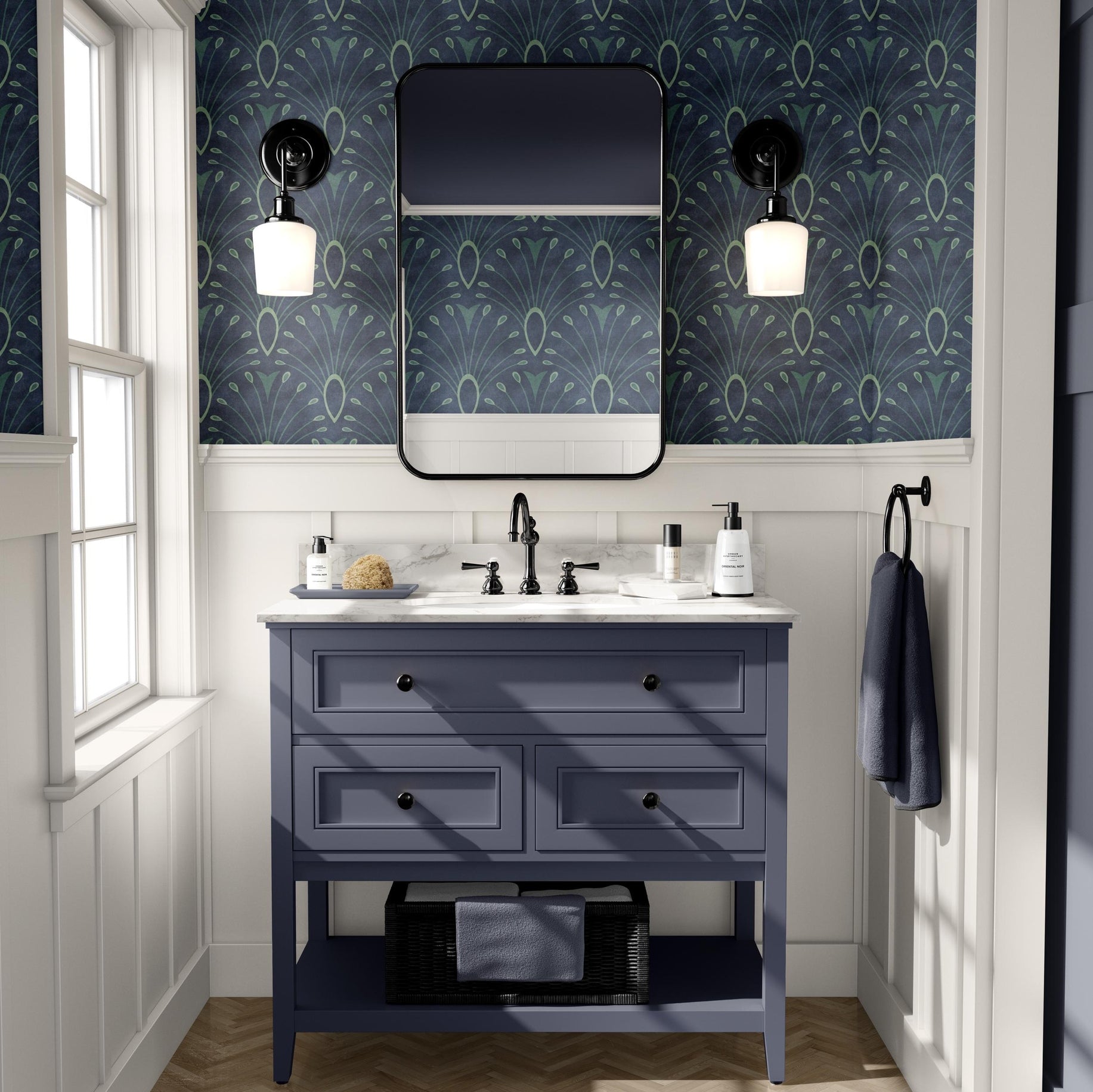 wallpaper peel and stick or prepasted shown in dark navy blue with abstract peacock bird feather pattern. An art deco mid century modern moroccan inspired tile like scallop pattern perfect for bathroom, bedroom, entryway, office, or dining room accent wall.