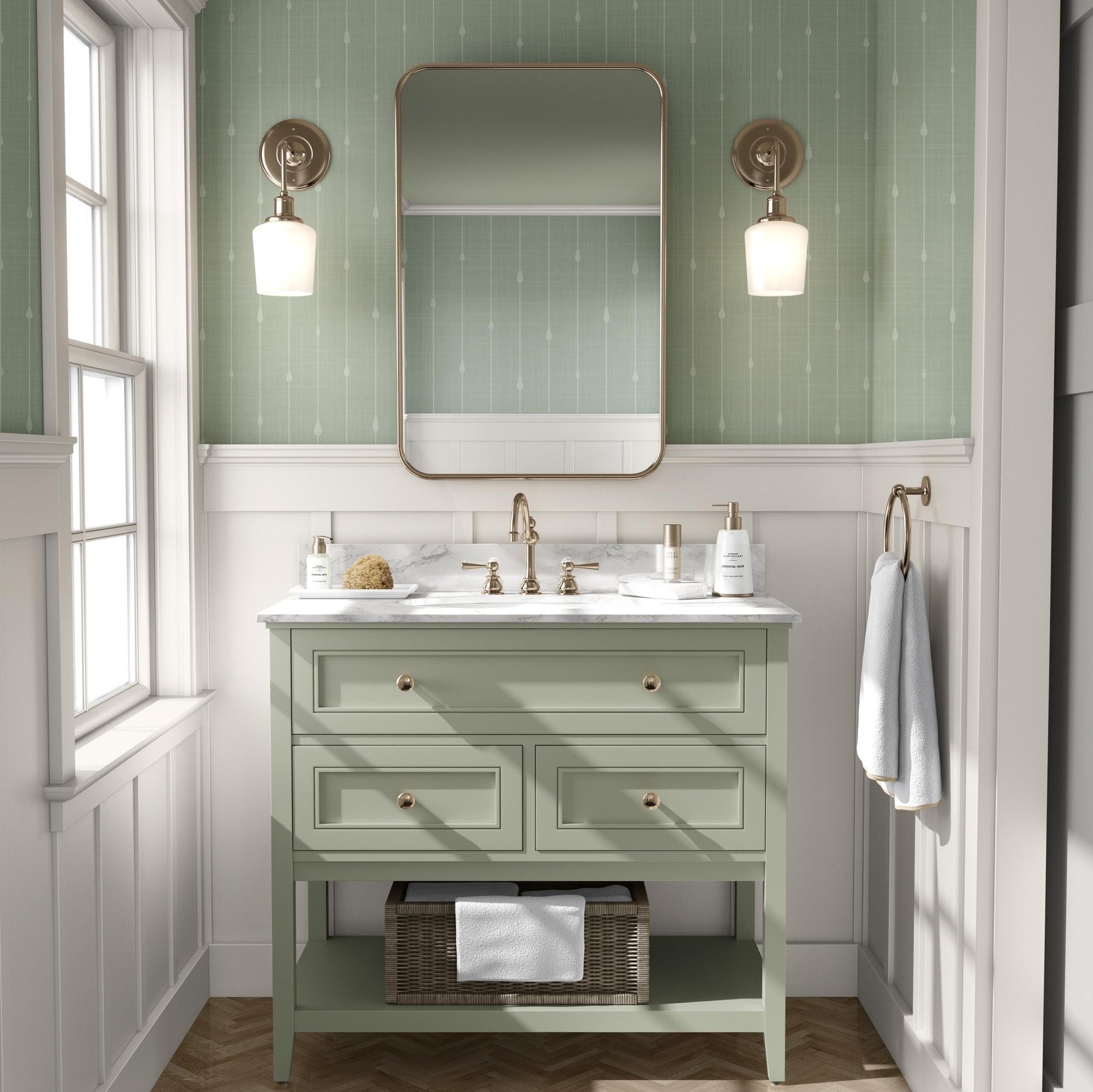sage green peel and stick or removable prepasted wallpaper a versatile stripe that works for french country, cottagecore, and tropical boho coastal styles. An elegant renter friendly option for bathroom, baby nursery, bedroom, living room, powder room or dining room.