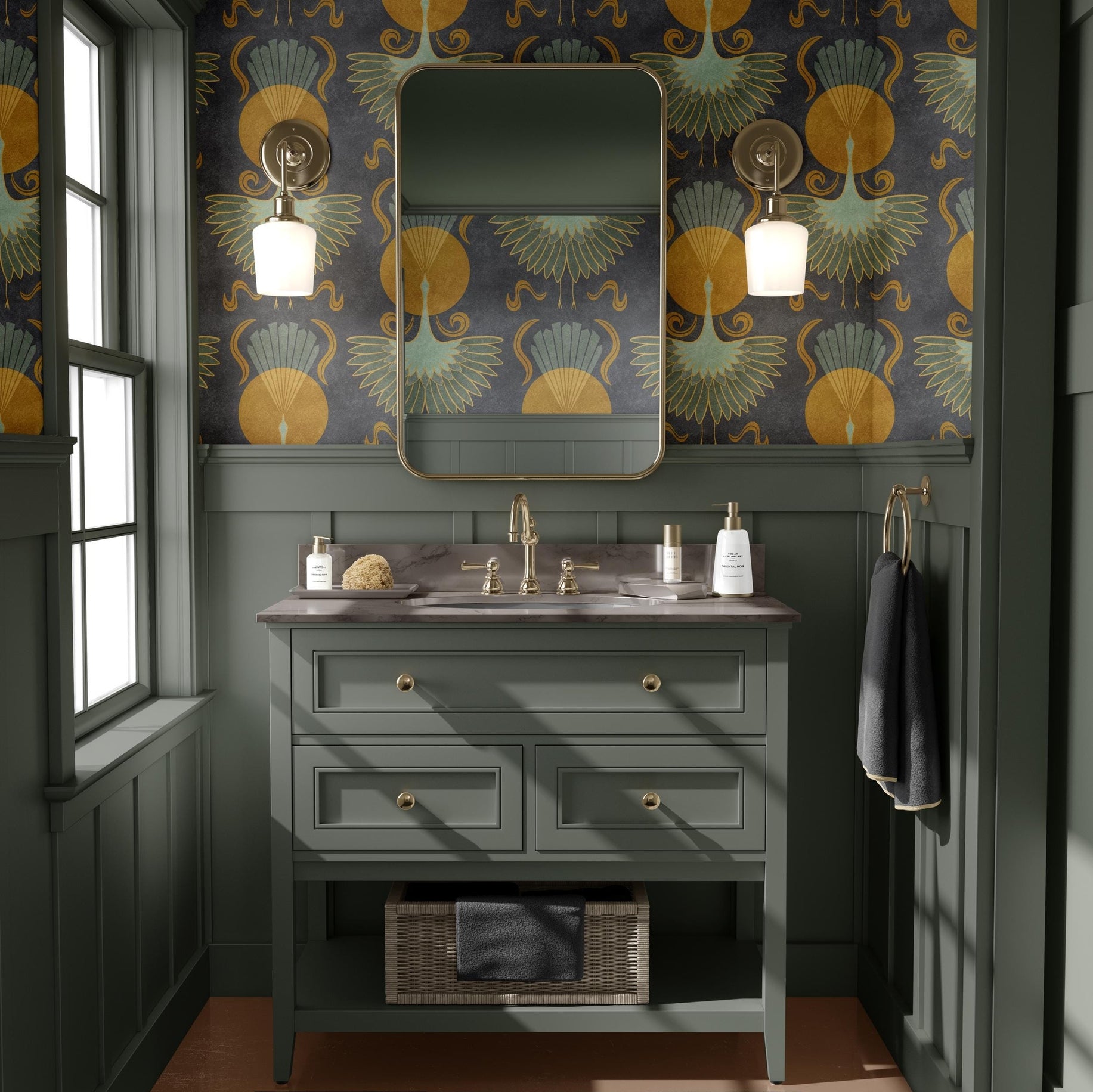 art deco bird wallpaper in dark moody black with cranes and celestial sun print. Removable peel and stick or pre-pasted for bathroom, powder room, bedroom, entryway, dining and accent walls. DIY renter friendly perfect for boho maximalist or mid century modern decor style.