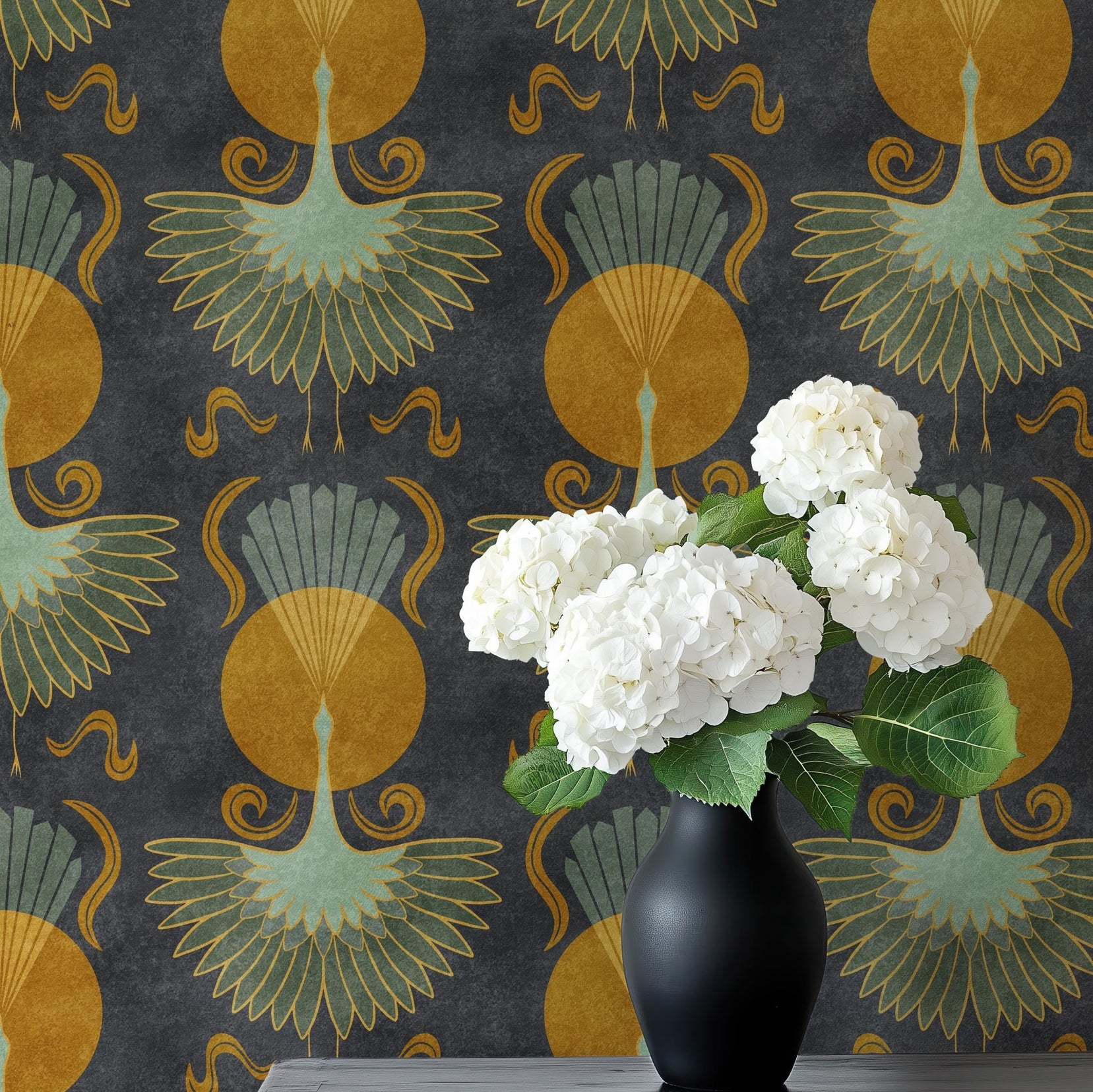 art deco bird wallpaper in dark moody black with cranes and celestial sun print. Removable peel and stick or pre-pasted for bathroom, powder room, bedroom, entryway, dining and accent walls. DIY renter friendly perfect for boho maximalist or mid century modern decor style.