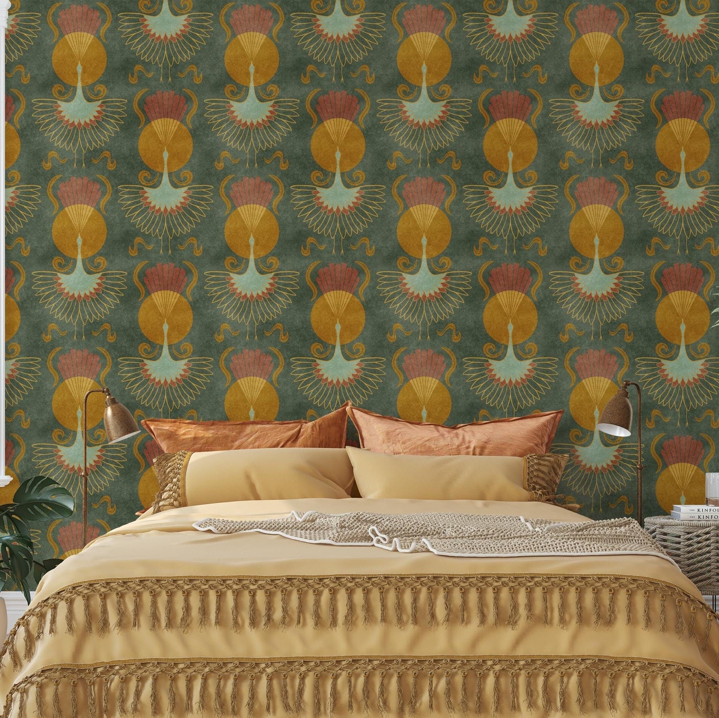 crane bird wallpaper art deco mid century modern dark olive green celestial sun print. this dark moody earth tone maximalist design in removable prepasted or peel and stick is perfect for bedrooms, powder rooms, bathrooms, dining rooms and entryways