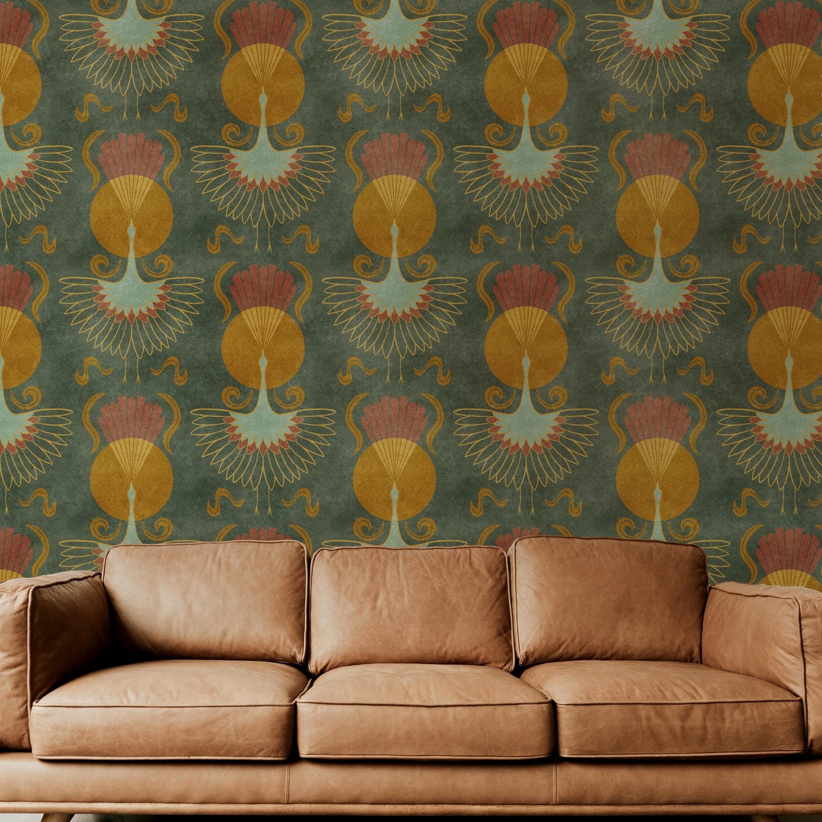 crane bird wallpaper art deco mid century modern dark olive green celestial sun print. this dark moody earth tone maximalist design in removable prepasted or peel and stick is perfect for bedrooms, powder rooms, bathrooms, dining rooms and entryways