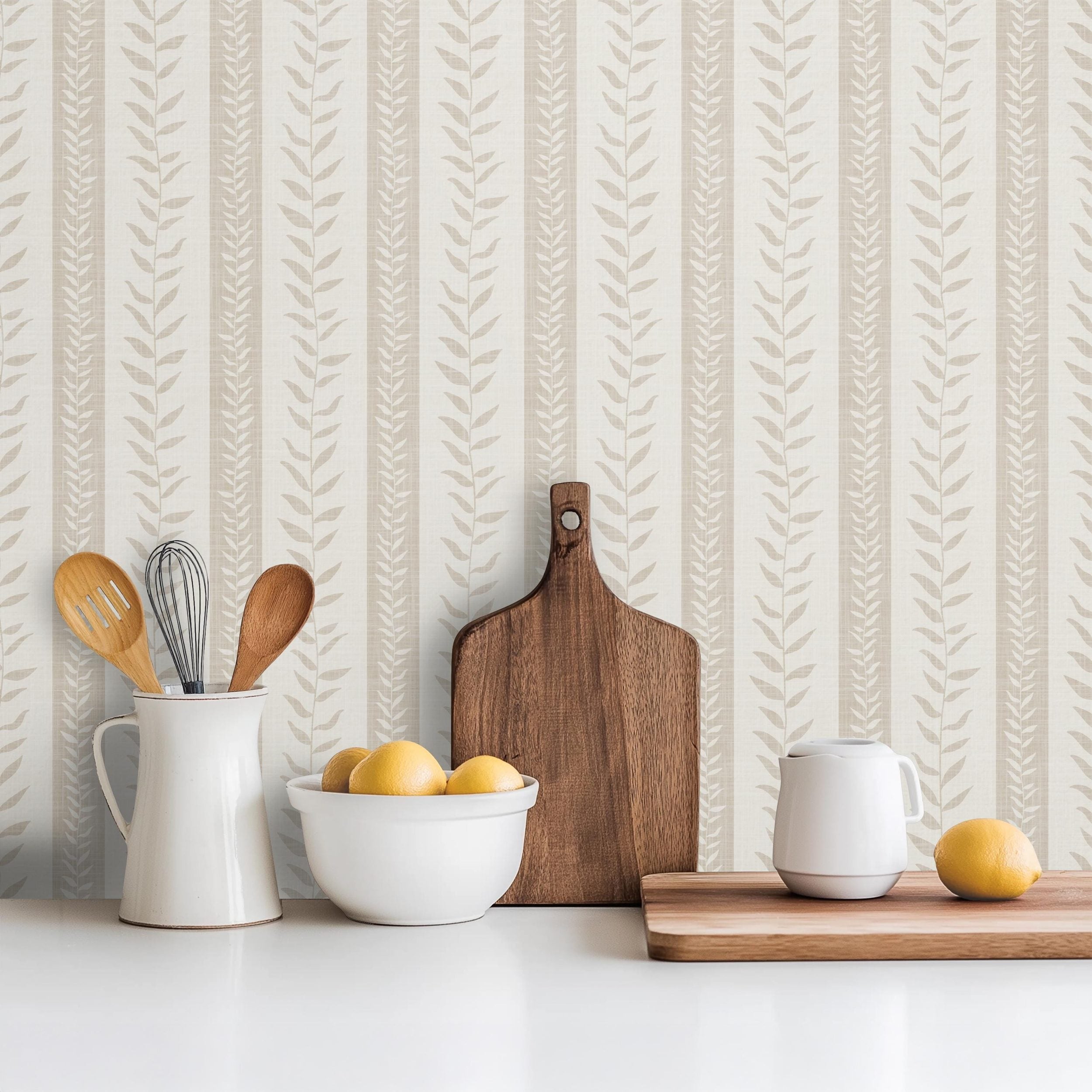 Boho Tropical wallpaper shown in Peel and Stick or prepasted Removable. Neutral beige botanical stripe perfect Modern Coastal Botanical for Nursery, Powder Room, Entryway, bathroom, bedroom, kitchen, mudroom, or dining room.