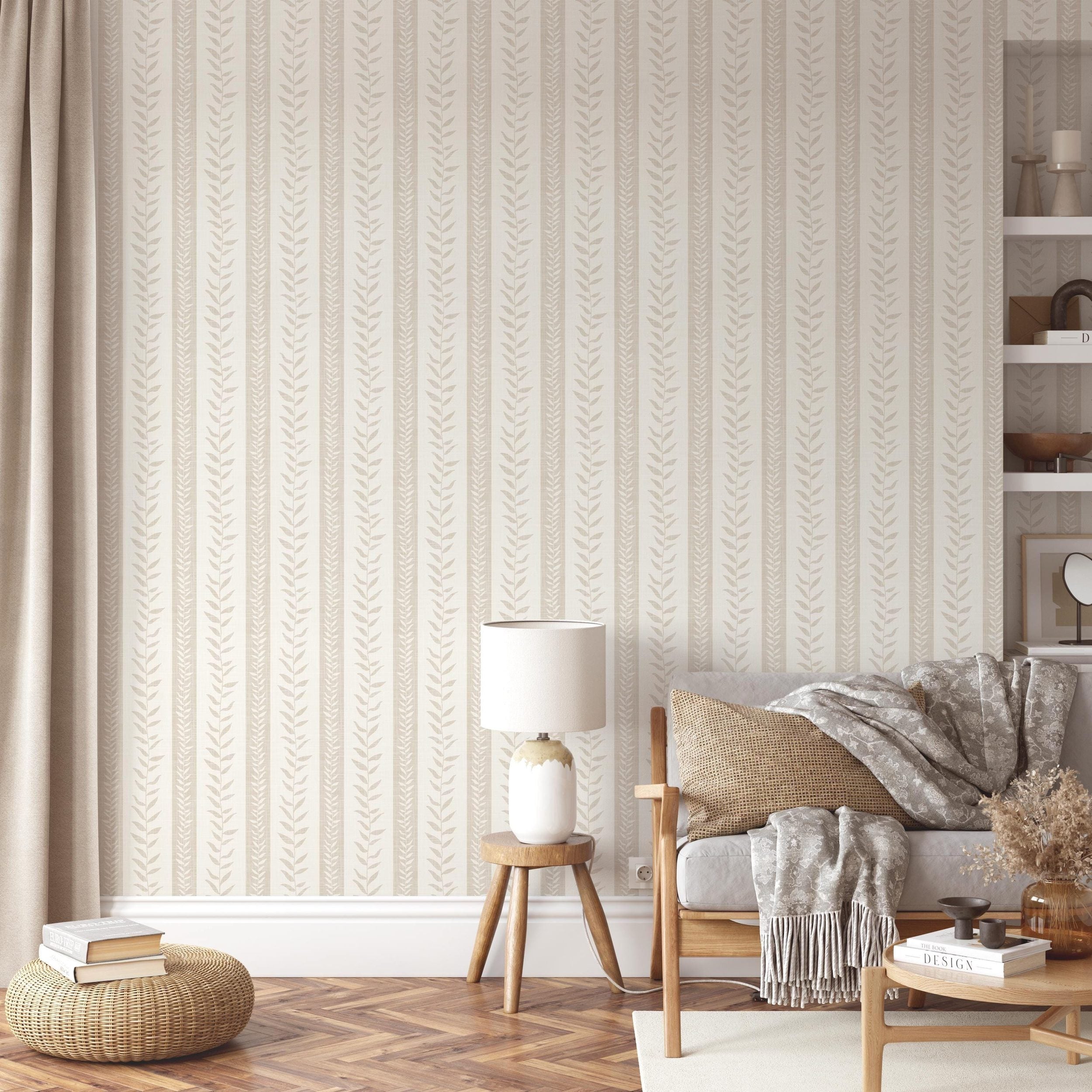 Boho Tropical wallpaper shown in Peel and Stick or prepasted Removable. Neutral beige botanical stripe perfect Modern Coastal Botanical for Nursery, Powder Room, Entryway, bathroom, bedroom, kitchen, mudroom, or dining room.