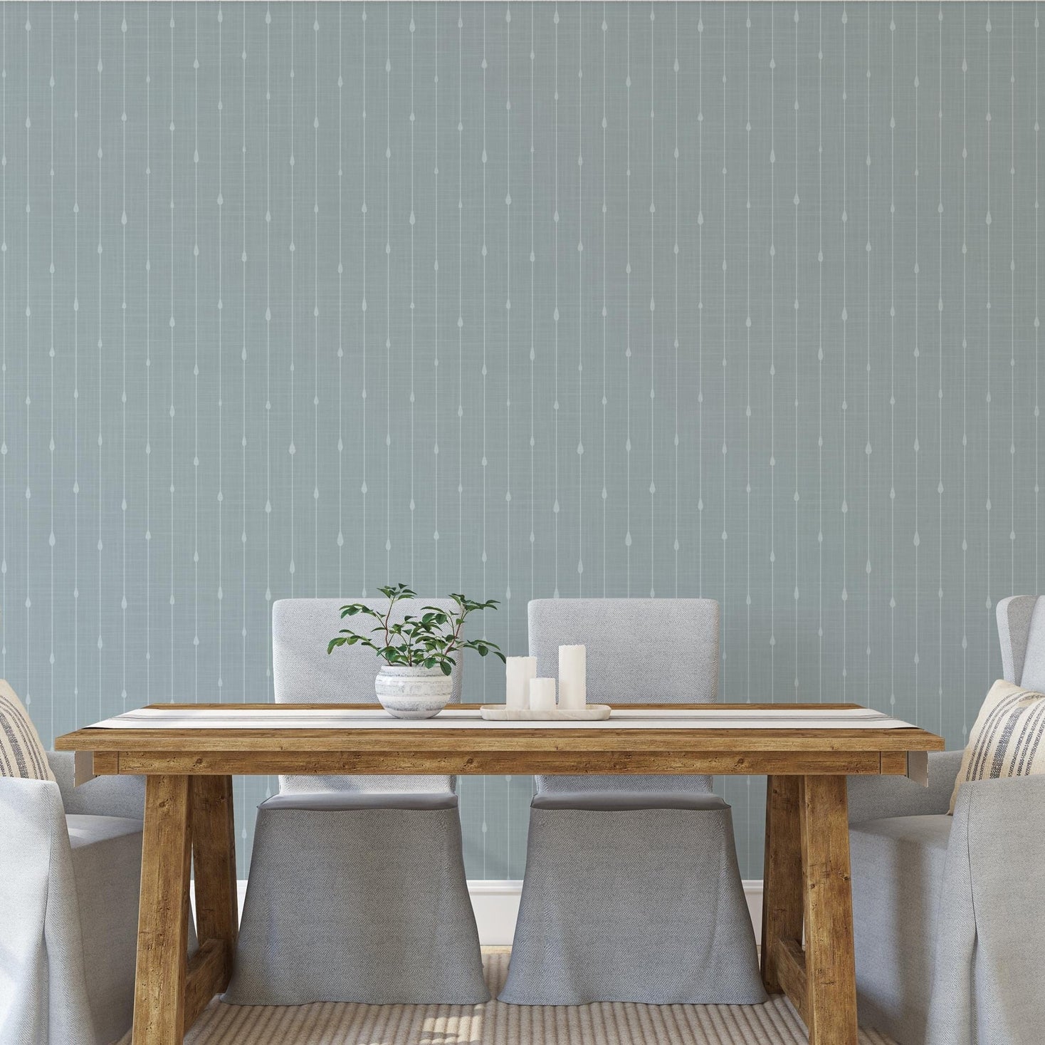 Blue stripe wallpaper for boys ocean nursery, baby boy room, or coastal toddler space. Shown in renter-friendly DIY style, available in peel and stick or prepasted options. Great for bathrooms, powder rooms, accent walls, or nautical baby nursery.