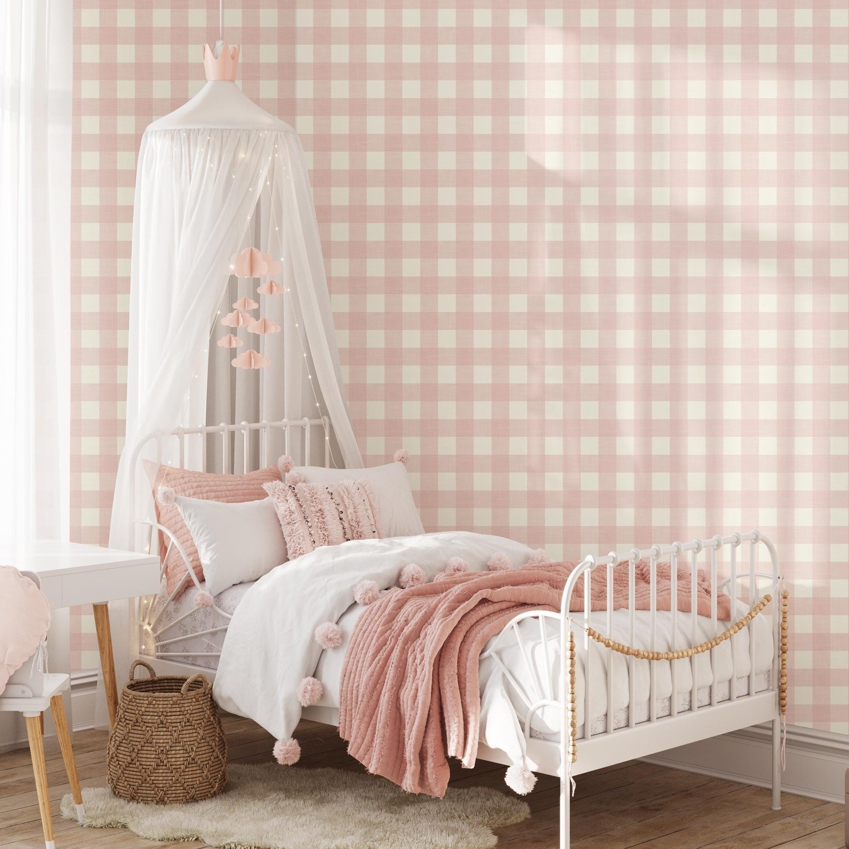 Blush pink gingham wallpaper, peel and stick or pre-pasted. Preppy plaid print for baby girl nursery, girly teen or tween bedroom, or modern farmhouse wall. Classic print that works for french country, cottagecore, and grandmillennial style spaces.