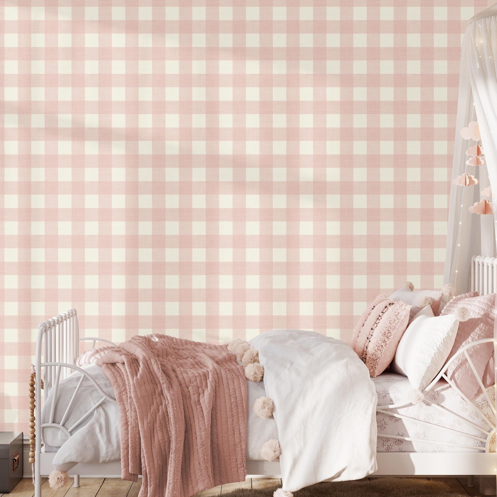 Blush pink gingham wallpaper, peel and stick or pre-pasted. Preppy plaid print for baby girl nursery, girly teen or tween bedroom, or modern farmhouse wall. Classic print that works for french country, cottagecore, and grandmillennial style spaces.
