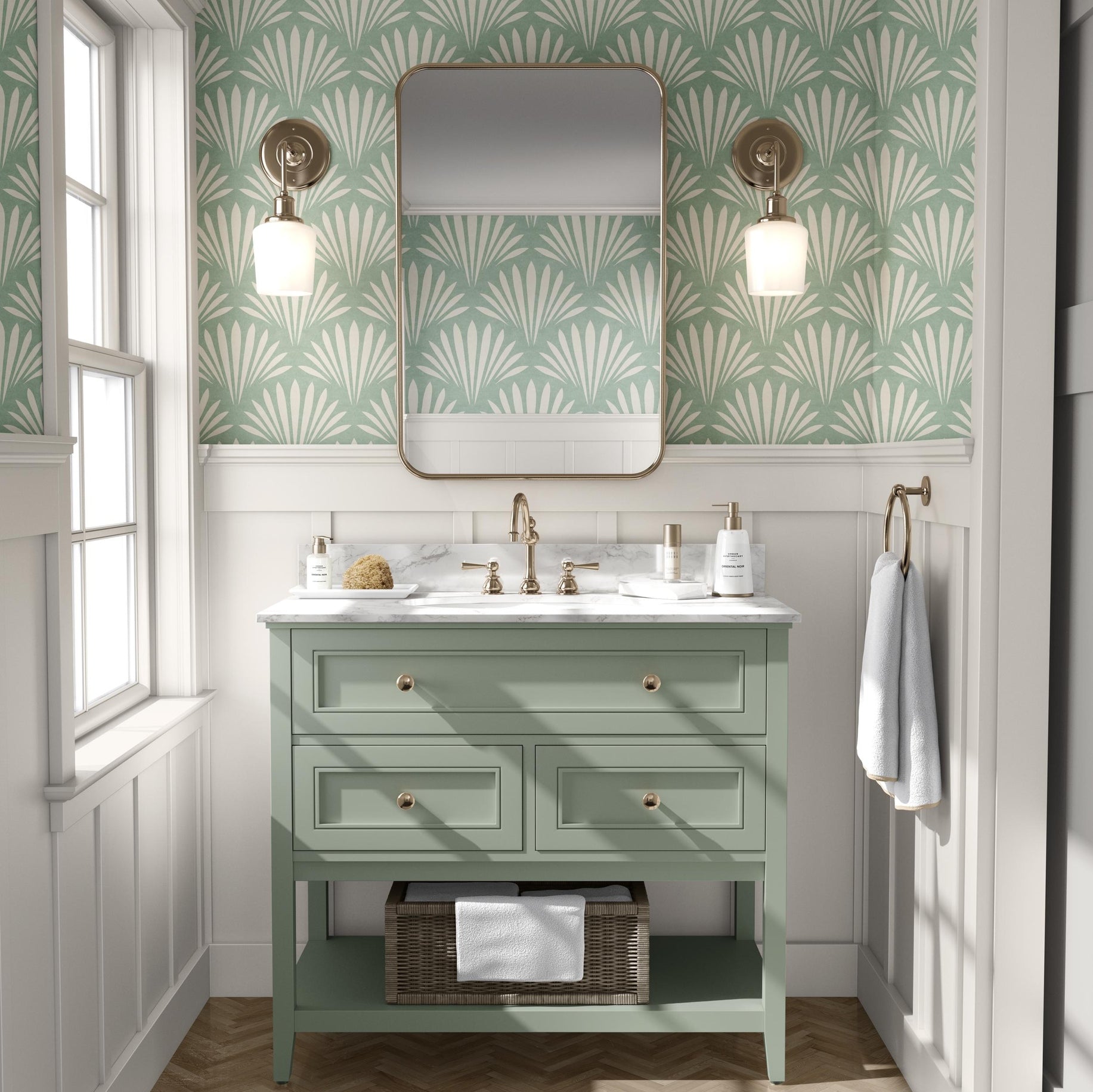 Wallpaper shown in peel and stick or removable pre-pasted in aqua green and off white with seashell palm fan print. A tropical boho modern coastal print for bathroom wallpaper, powder room, baby nursery, bedroom or accent wall.