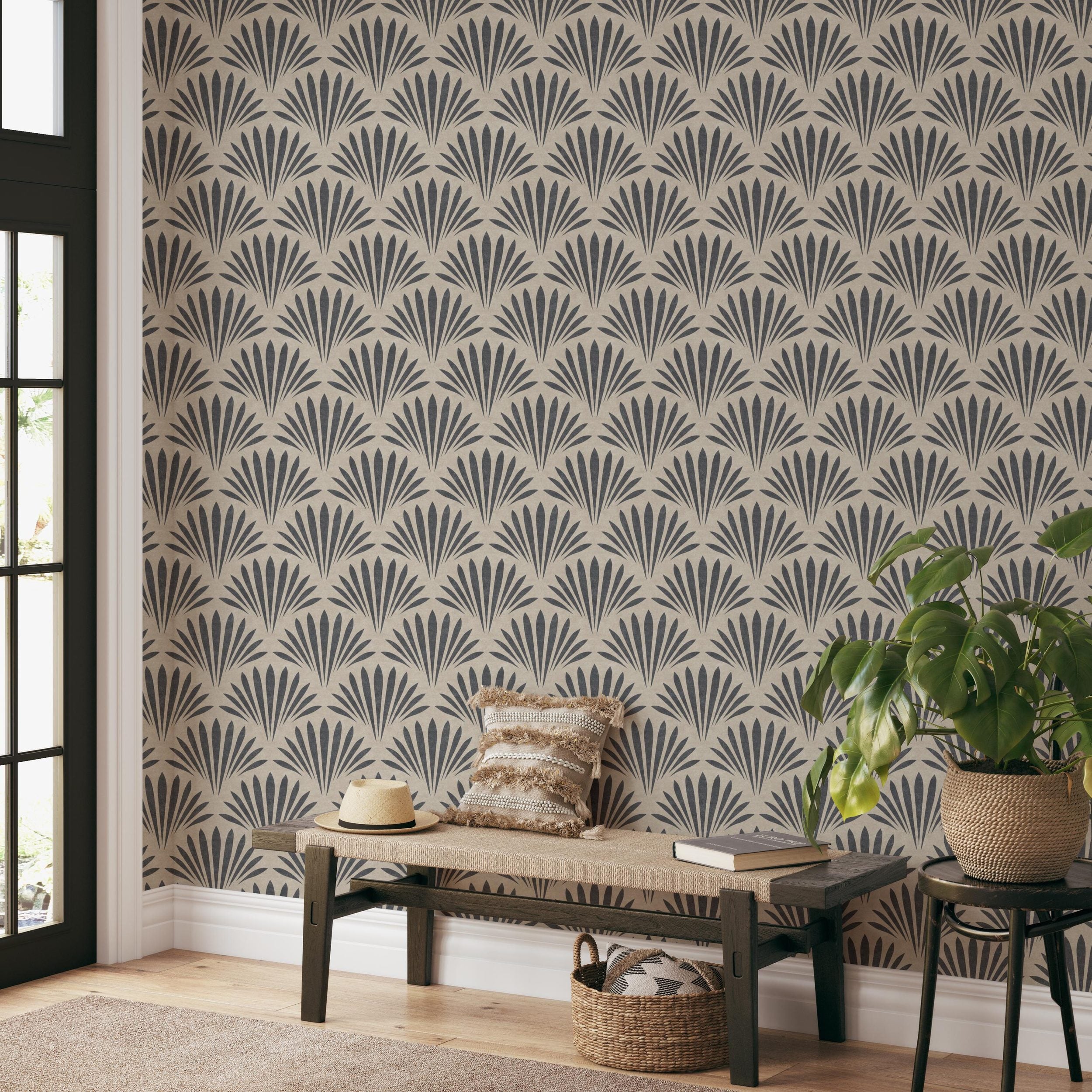 tropical boho wallpaper shown in peel and stick or prepasted removable. neutral black and tan for modern coastal bathroom, powder room, office wall, dining or bedroom.