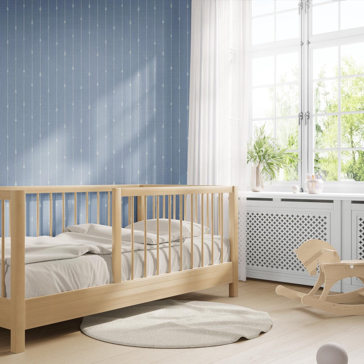 Blue stripe wallpaper for boys ocean nursery, baby boy room, or coastal toddler space. Shown in renter-friendly DIY style, available in peel and stick or prepasted options. Great for bathrooms, powder rooms, accent walls, or nautical baby nursery.