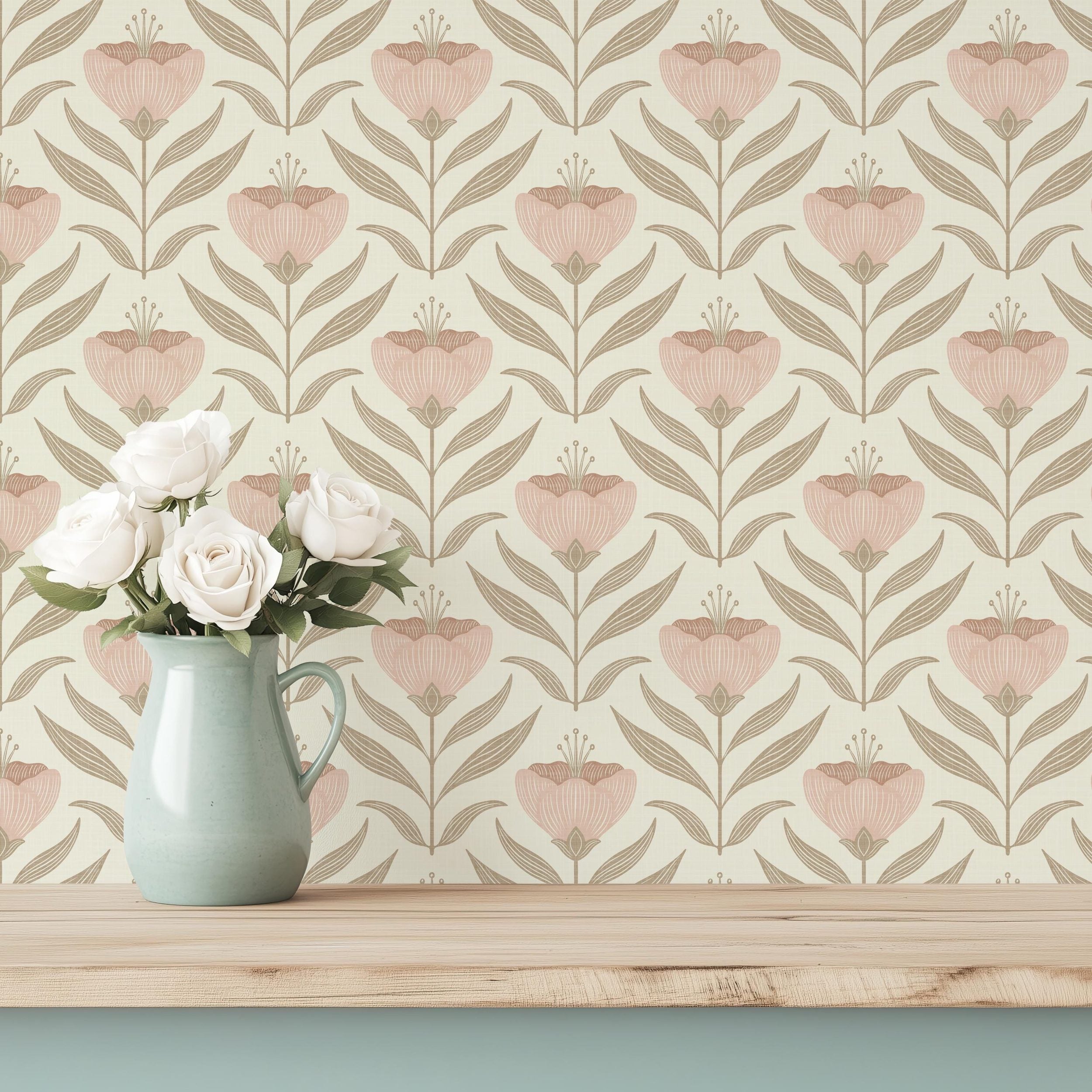 Baby Girl Nursery Wallpaper shown in Peel and Stick Removable or prepasted. This French Country Cottage style print features Whimsical Pink Pastel widflowers for a Vintage botanical garden look. Perfect for toddler, kid or Teen Tween Bedroom