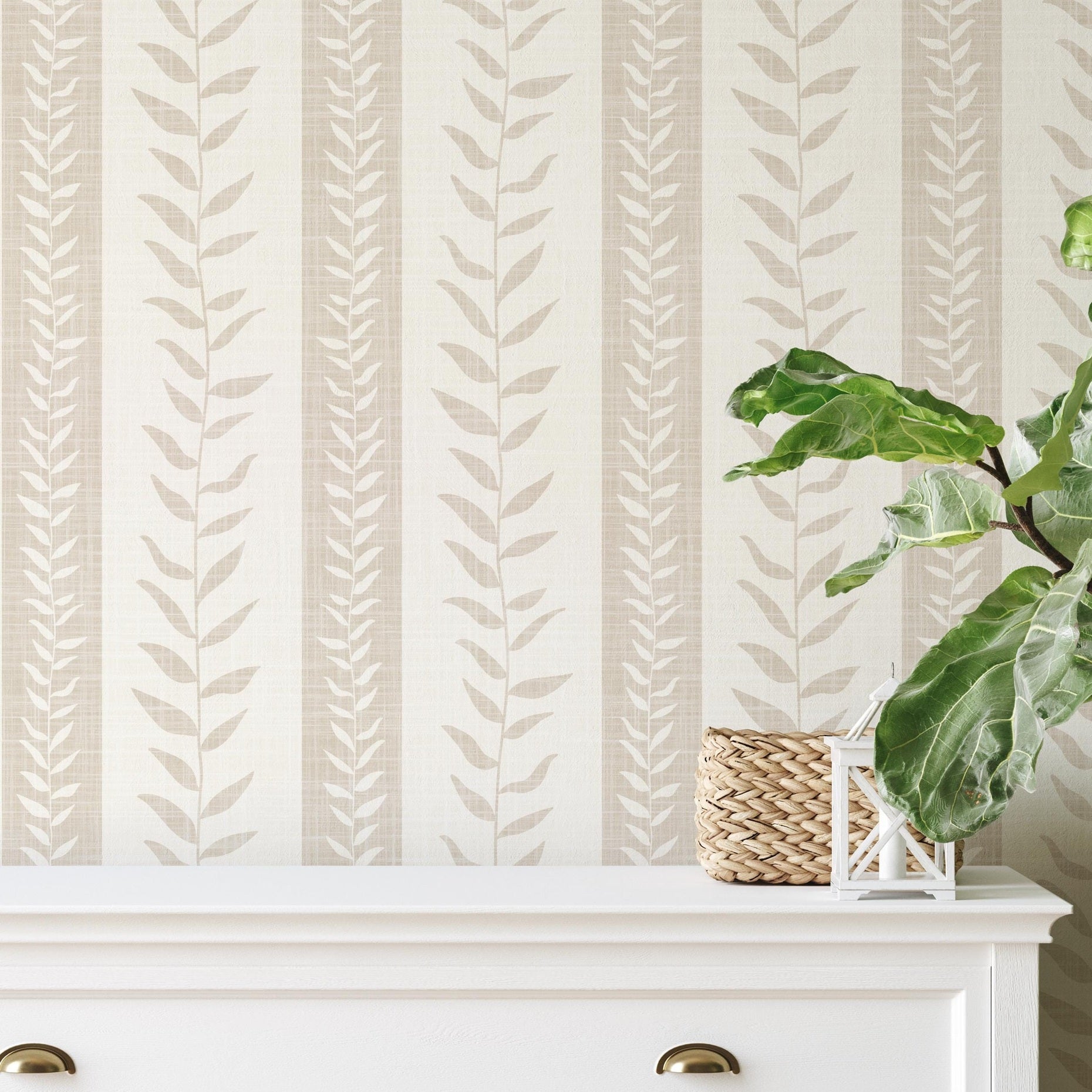 Boho Tropical wallpaper shown in Peel and Stick or prepasted Removable. Neutral beige botanical stripe perfect Modern Coastal Botanical for Nursery, Powder Room, Entryway, bathroom, bedroom, kitchen, mudroom, or dining room.