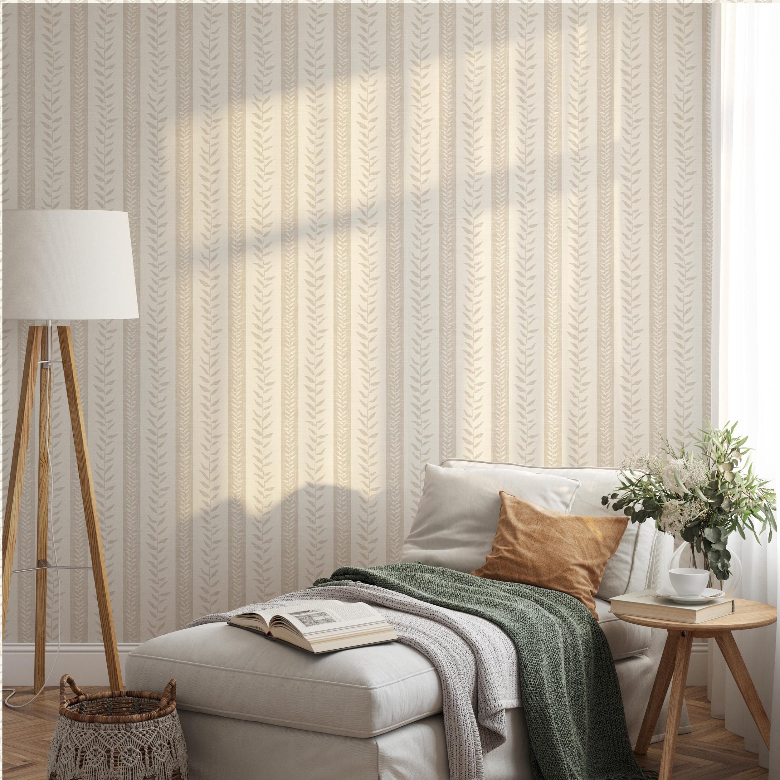 Boho Tropical wallpaper shown in Peel and Stick or prepasted Removable. Neutral beige botanical stripe perfect Modern Coastal Botanical for Nursery, Powder Room, Entryway, bathroom, bedroom, kitchen, mudroom, or dining room.