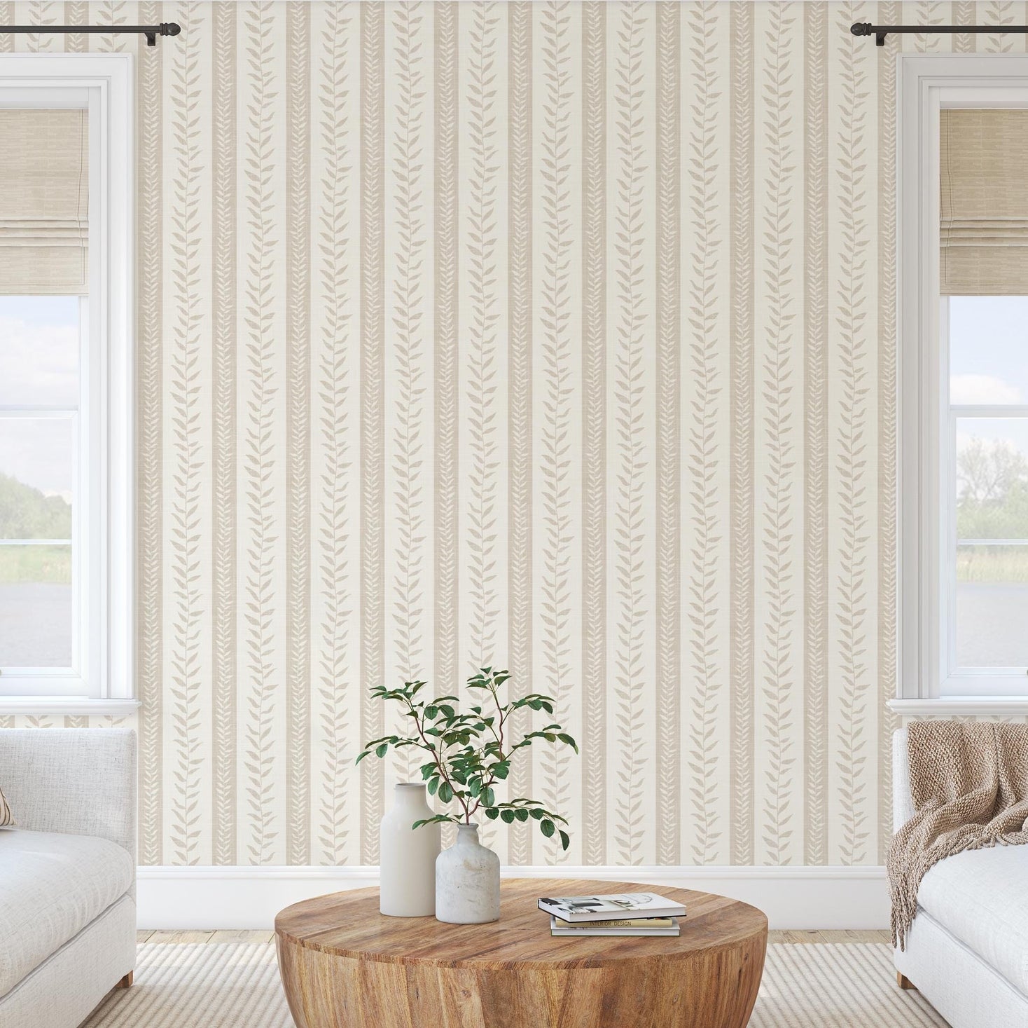 Boho Tropical wallpaper shown in Peel and Stick or prepasted Removable. Neutral beige botanical stripe perfect Modern Coastal Botanical for Nursery, Powder Room, Entryway, bathroom, bedroom, kitchen, mudroom, or dining room.