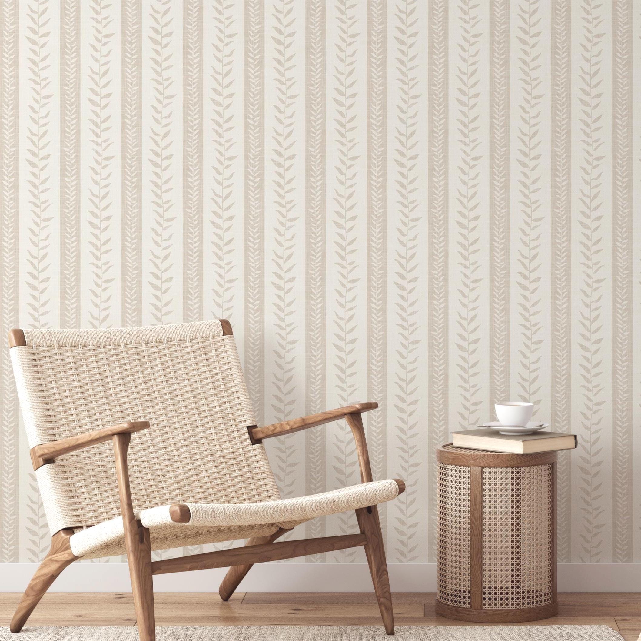 Boho Tropical wallpaper shown in Peel and Stick or prepasted Removable. Neutral beige botanical stripe perfect Modern Coastal Botanical for Nursery, Powder Room, Entryway, bathroom, bedroom, kitchen, mudroom, or dining room.
