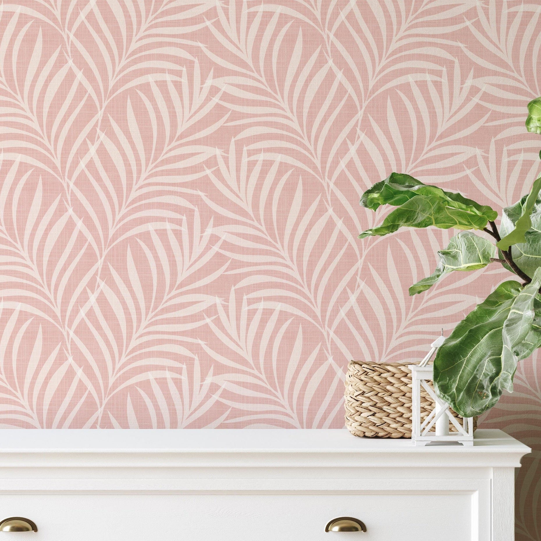Boho Tropical Pink Peel and Stick Wallpaper with palm frond leaves. Shown in removable peel and stick or pre-pasted, this is a perfect palm springs print for baby girl nursery, teen tween room, or kids bathroom.