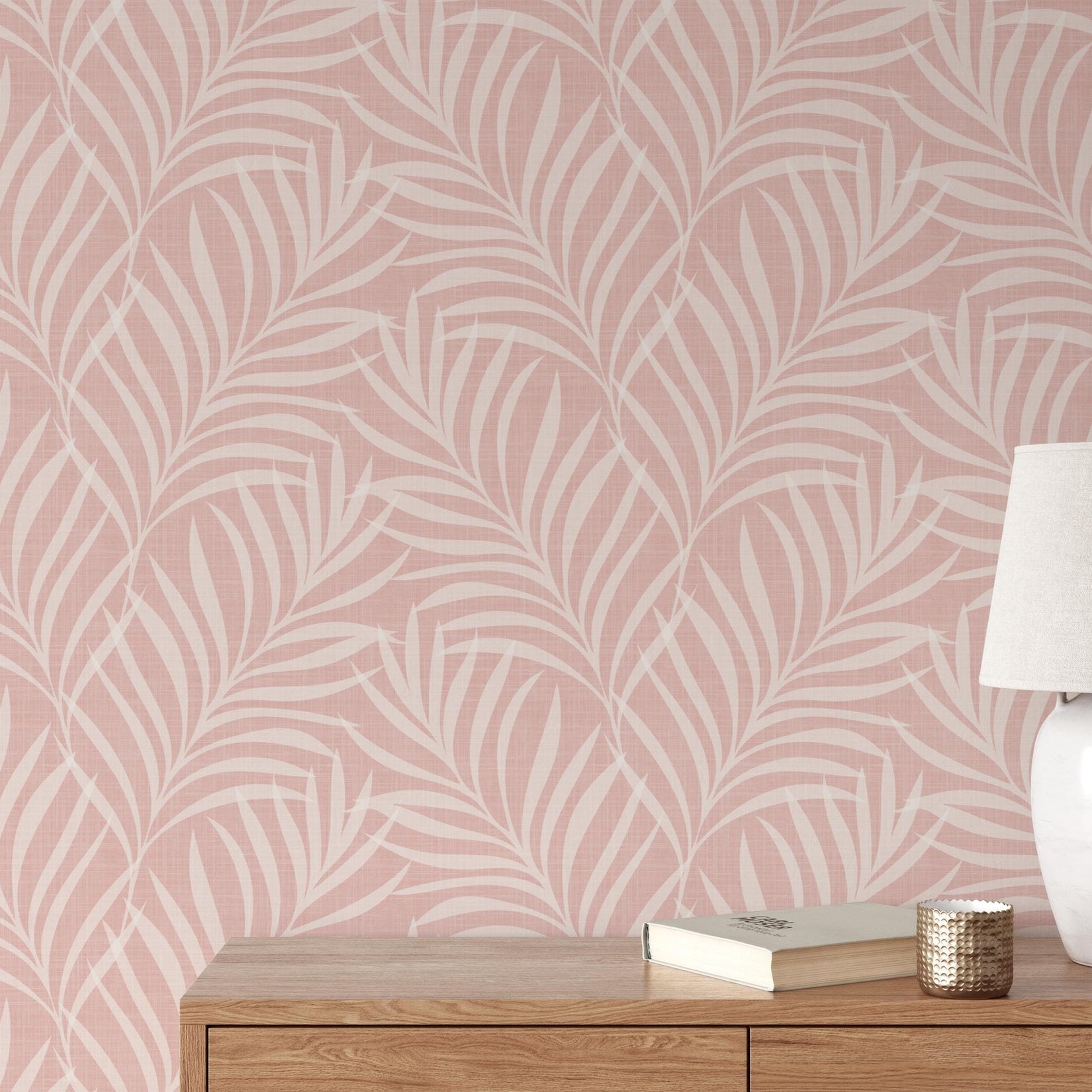 Boho Tropical Pink Peel and Stick Wallpaper with palm frond leaves. Shown in removable peel and stick or pre-pasted, this is a perfect palm springs print for baby girl nursery, teen tween room, or kids bathroom.