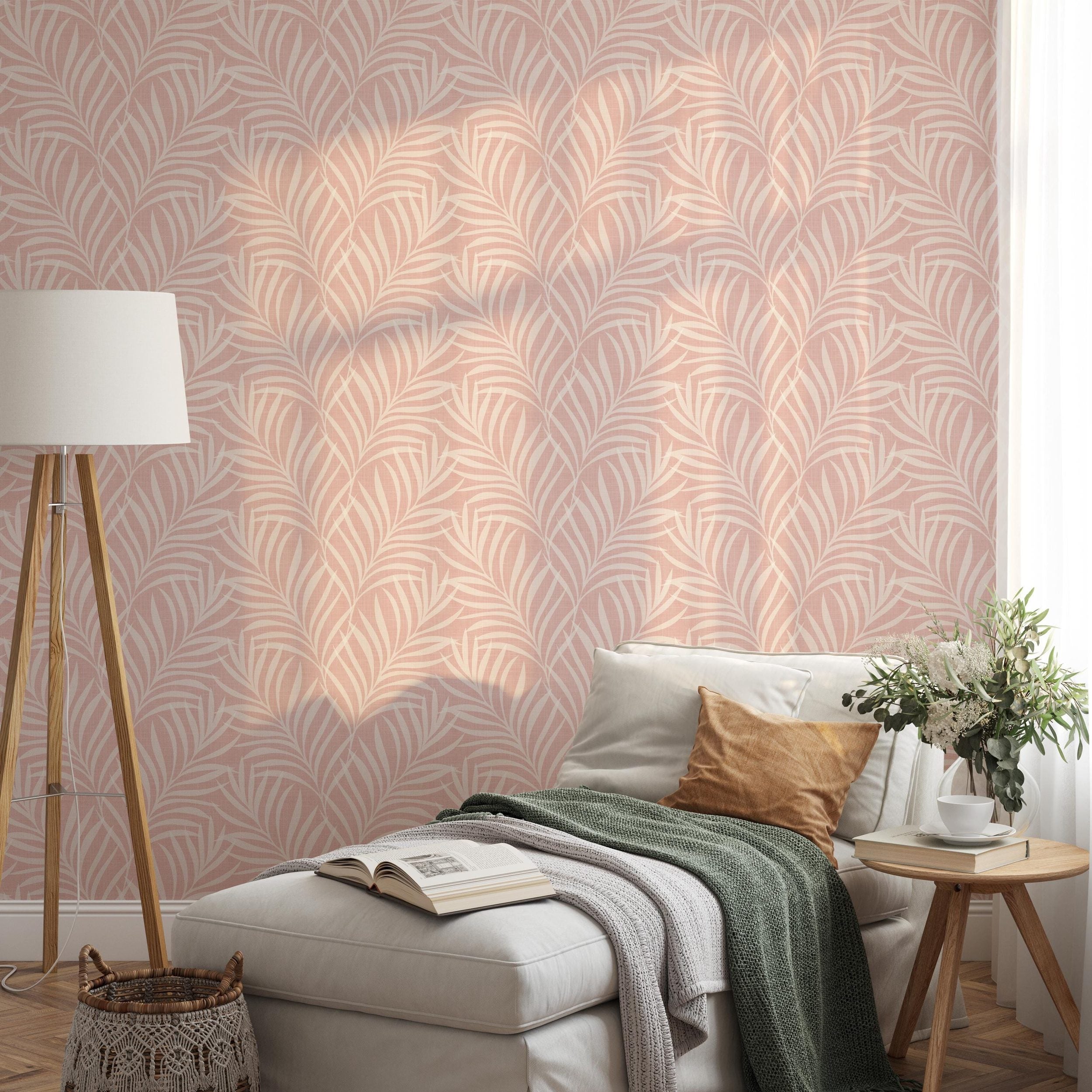 Boho Tropical Pink Peel and Stick Wallpaper with palm frond leaves. Shown in removable peel and stick or pre-pasted, this is a perfect palm springs print for baby girl nursery, teen tween room, or kids bathroom.