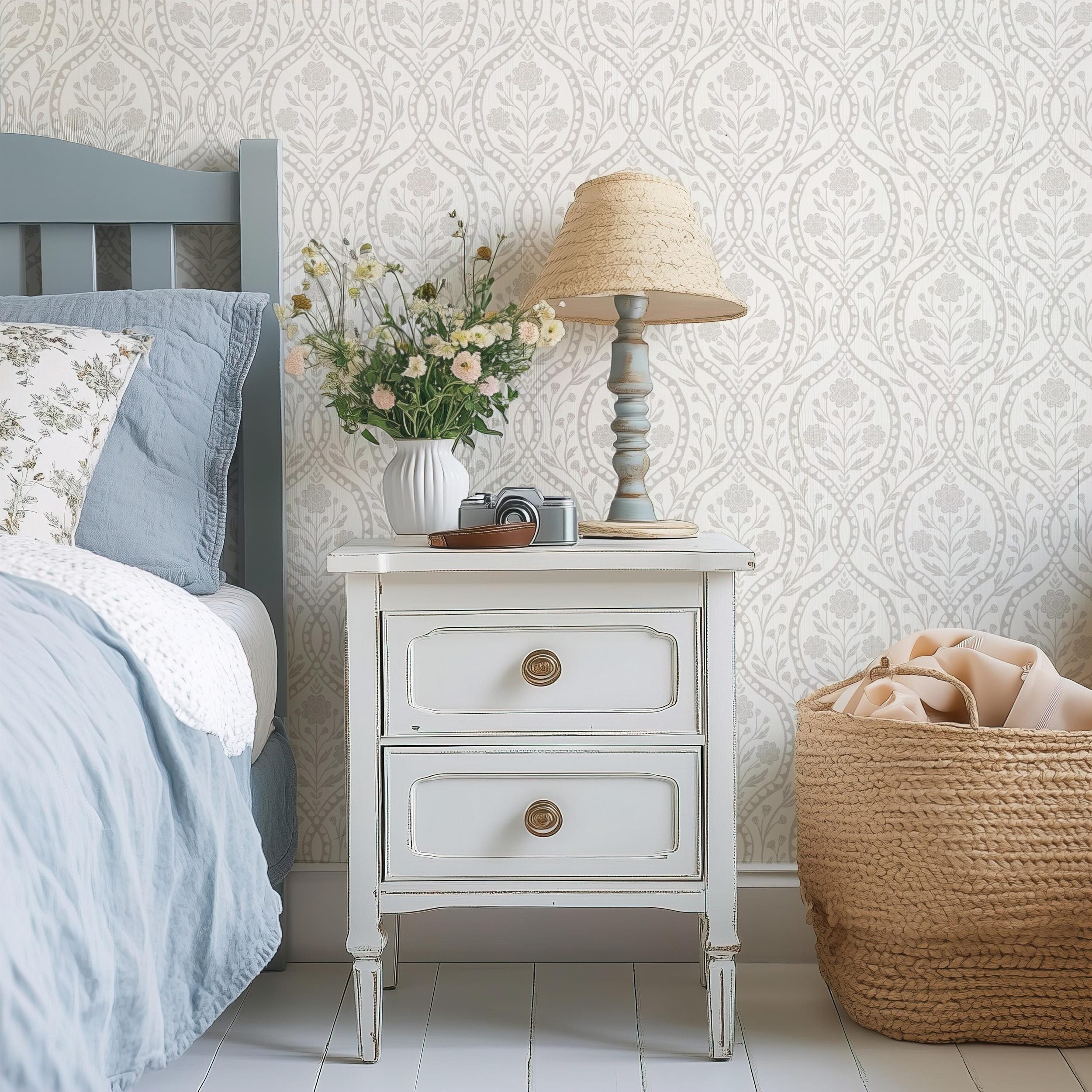 wallpaper shown in peel and stick or removable prepasted. neutral beige and off white French country wallpaper with elegant wildflower damask. Renter-friendly subtle botanical design for a timeless baby girl nursery, bedroom, or bathroom wall.