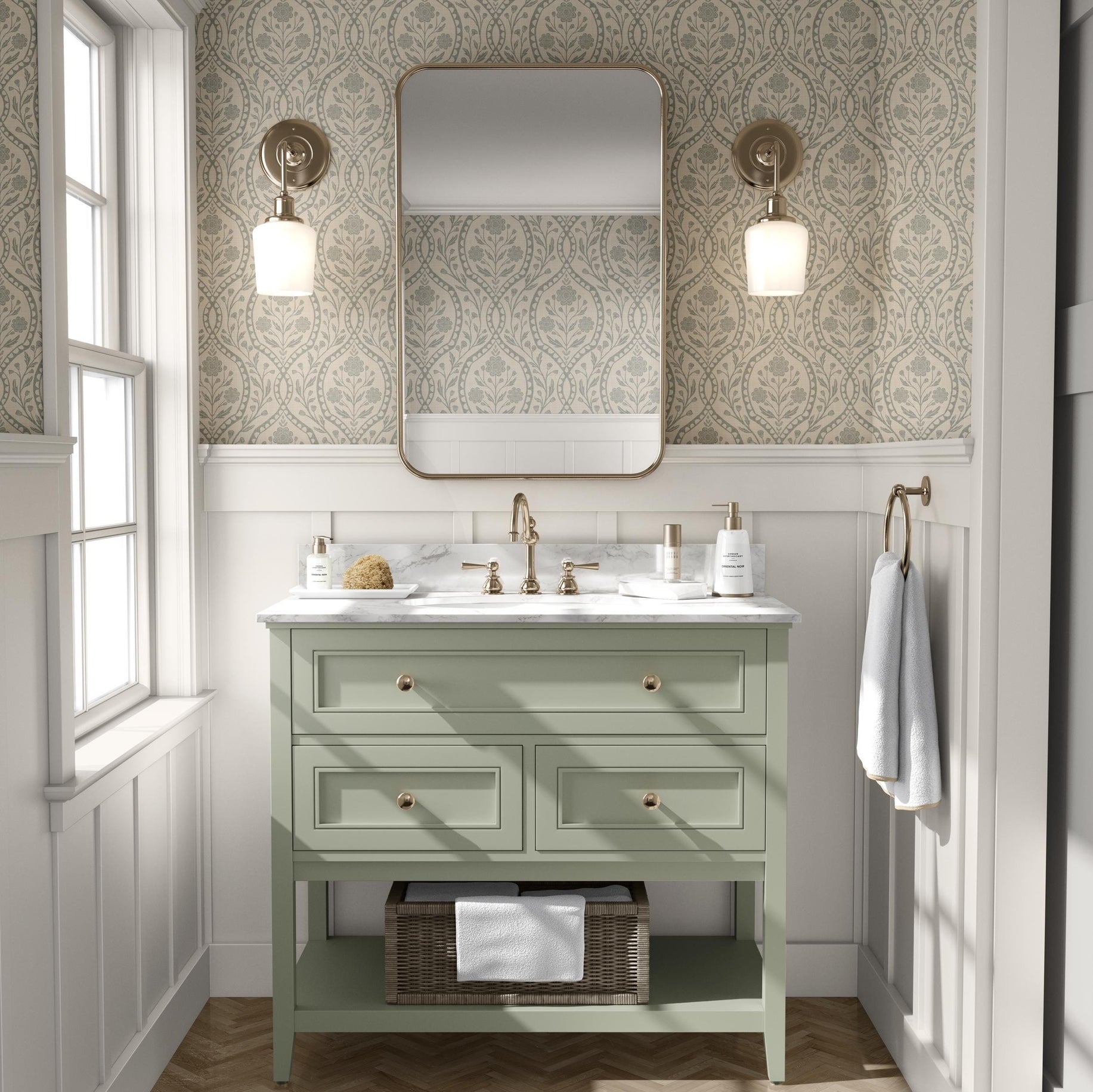 wallpaper shown in peel and stick or removable prepasted. neutral sage green and beige French country wallpaper with elegant wildflower damask. Renter-friendly subtle botanical design for a timeless baby girl nursery, bedroom, or bathroom wall.