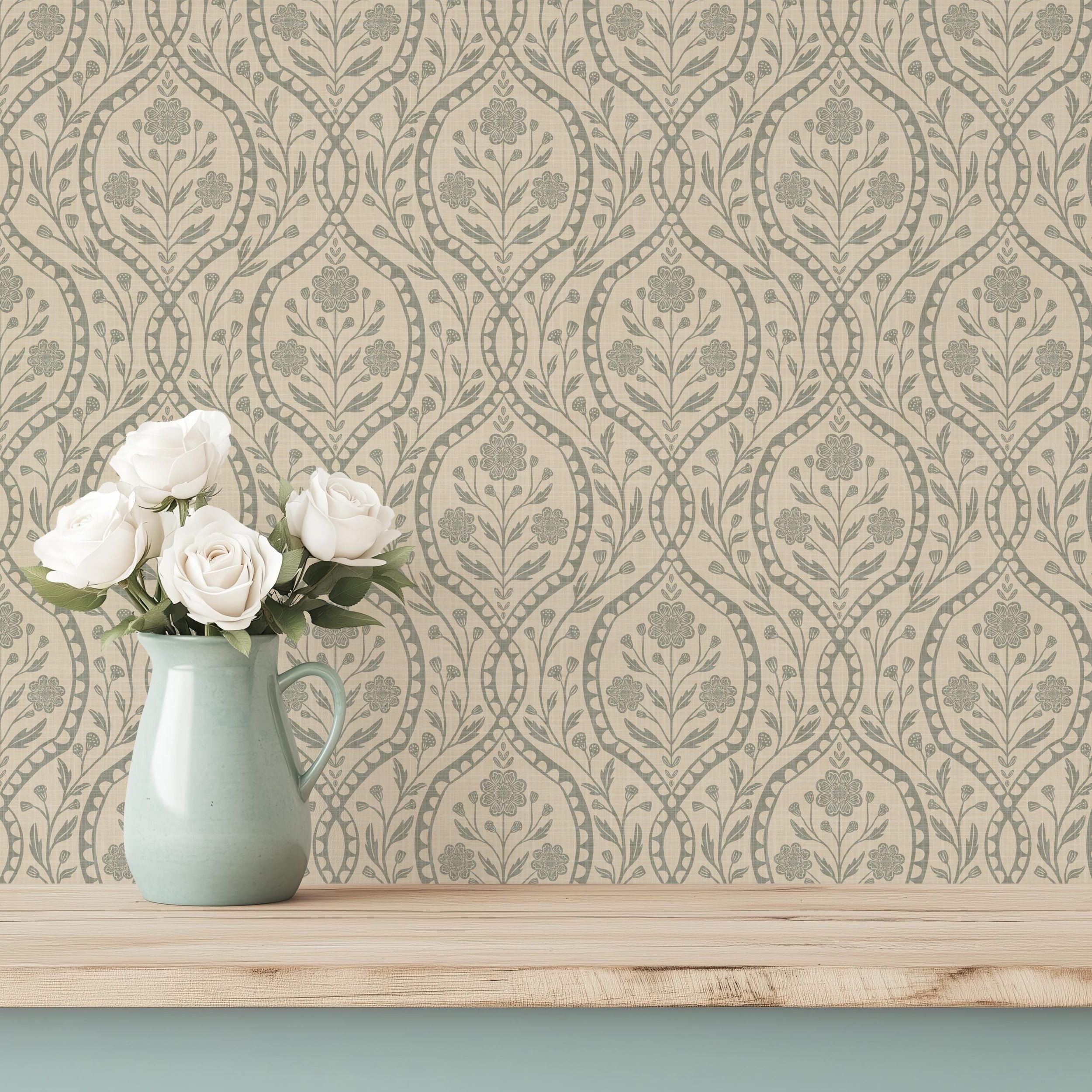 wallpaper shown in peel and stick or removable prepasted. neutral sage green and beige French country wallpaper with elegant wildflower damask. Renter-friendly subtle botanical design for a timeless baby girl nursery, bedroom, or bathroom wall.