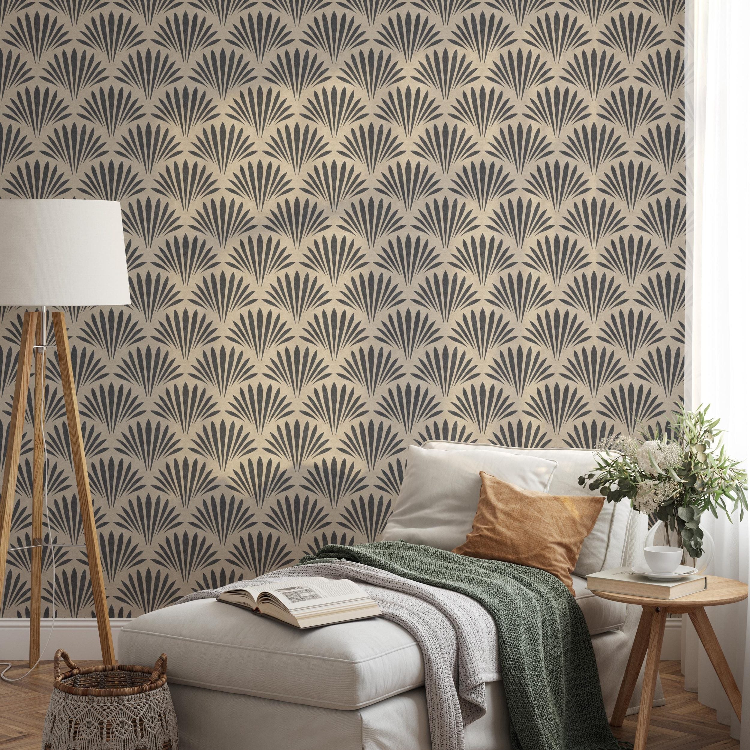 tropical boho wallpaper shown in peel and stick or prepasted removable. neutral black and tan for modern coastal bathroom, powder room, office wall, dining or bedroom.