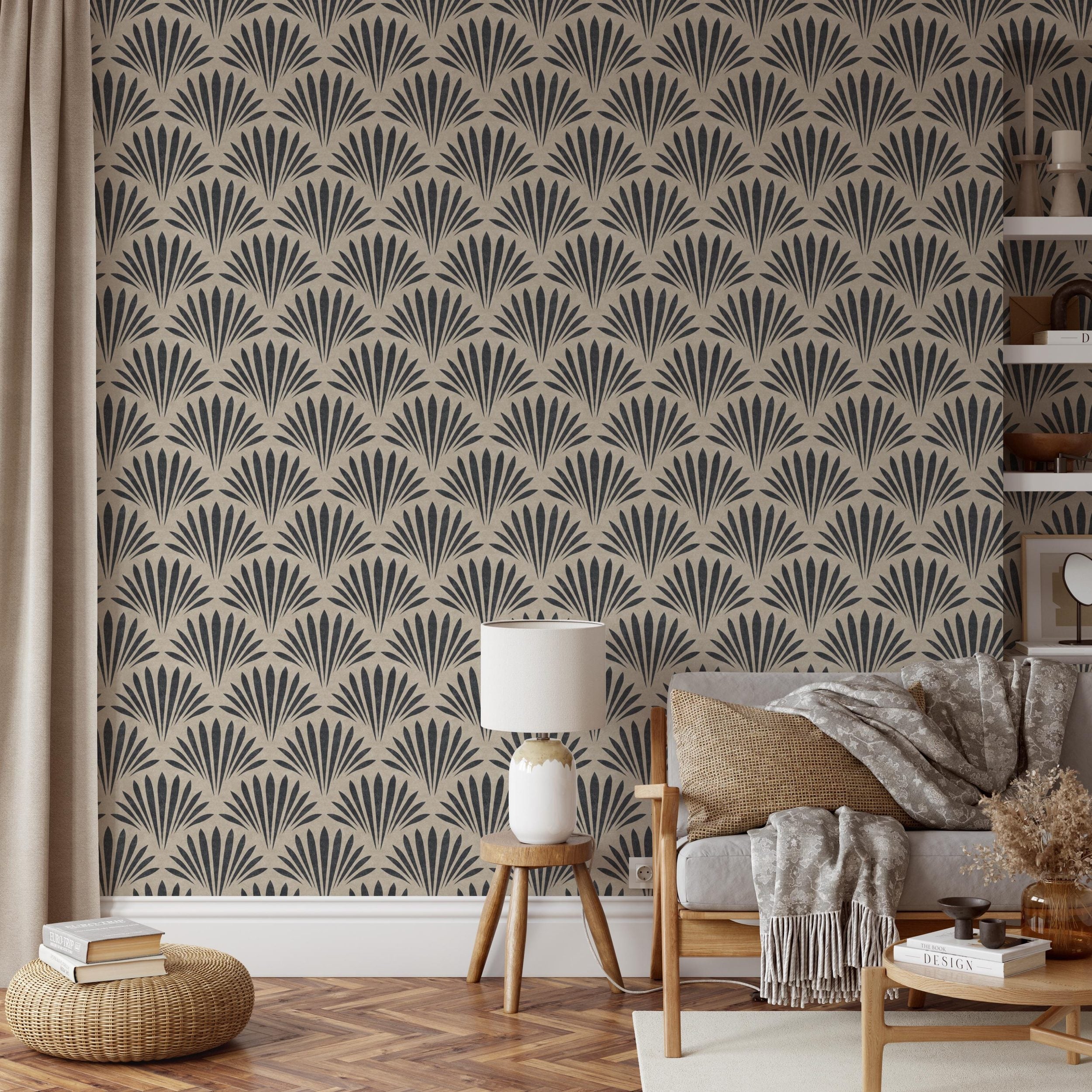 tropical boho wallpaper shown in peel and stick or prepasted removable. neutral black and tan for modern coastal bathroom, powder room, office wall, dining or bedroom.