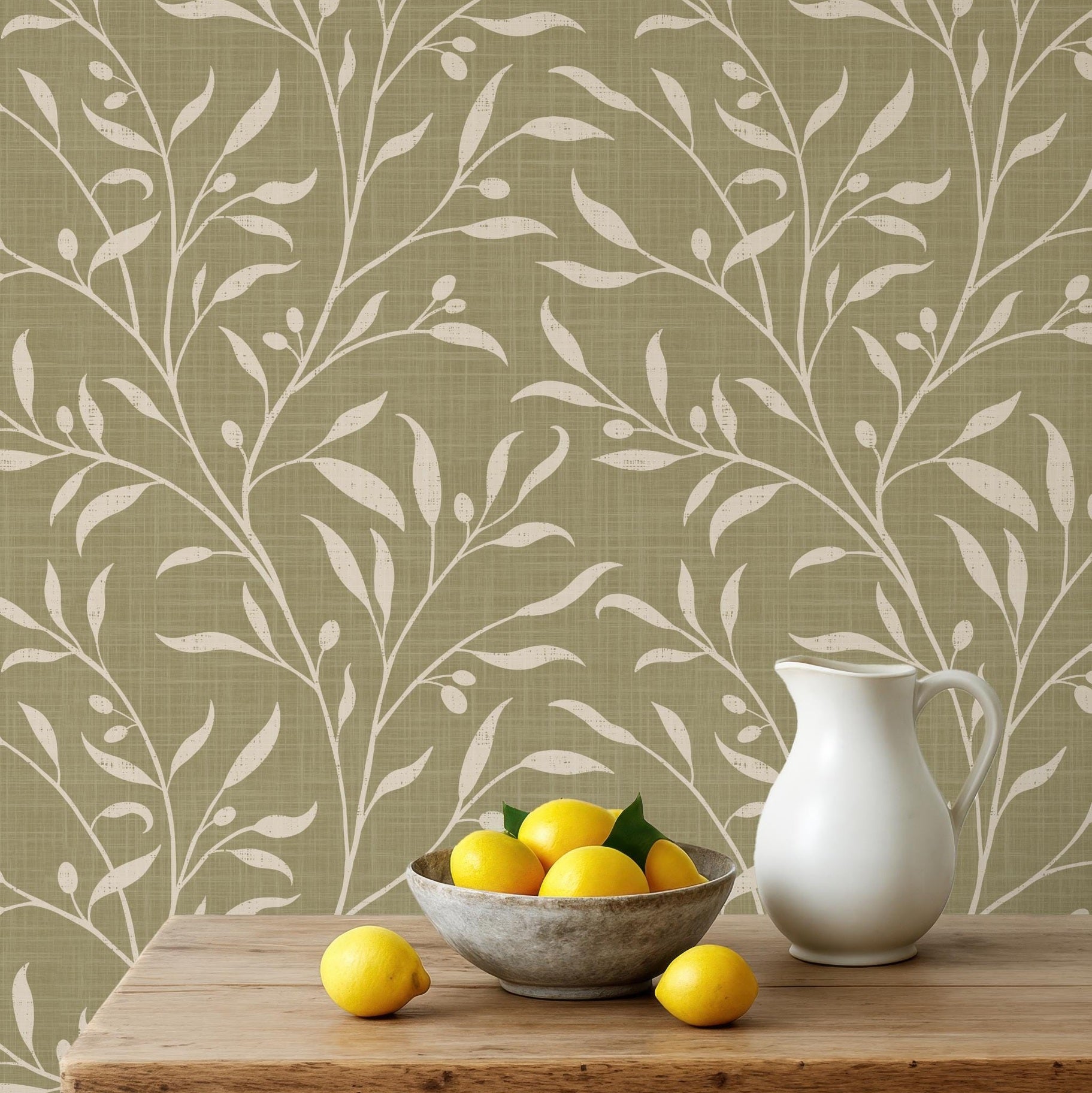 French Country Wallpaper shown in Removable Peel and Stick or Pre-pasted. This Olive Tree Leaf & Branches Green Botanical is great for cottagecore, mediterranean, or english country style Bedroom, Living Room, Entry, powder room or bathroom.