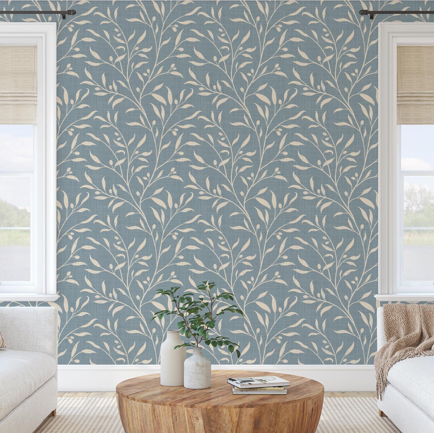 French Country Wallpaper shown in Removable Peel and Stick or Pre-pasted. This Olive Tree Leaf & Branches blue botanical is great for cottagecore, mediterranean, or english country style Bedroom, Living Room, Entry, powder room or bathroom.