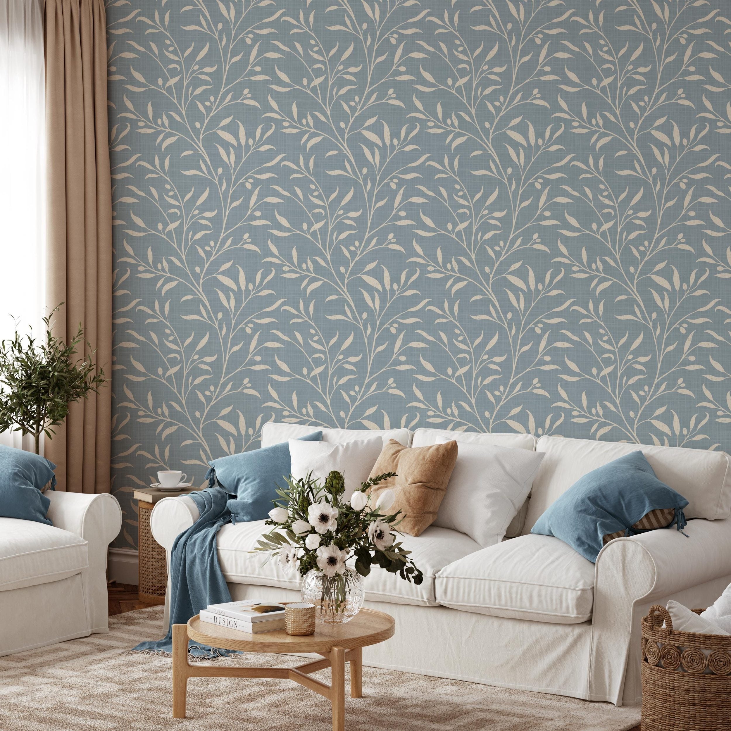 French Country Wallpaper shown in Removable Peel and Stick or Pre-pasted. This Olive Tree Leaf & Branches blue botanical is great for cottagecore, mediterranean, or english country style Bedroom, Living Room, Entry, powder room or bathroom.