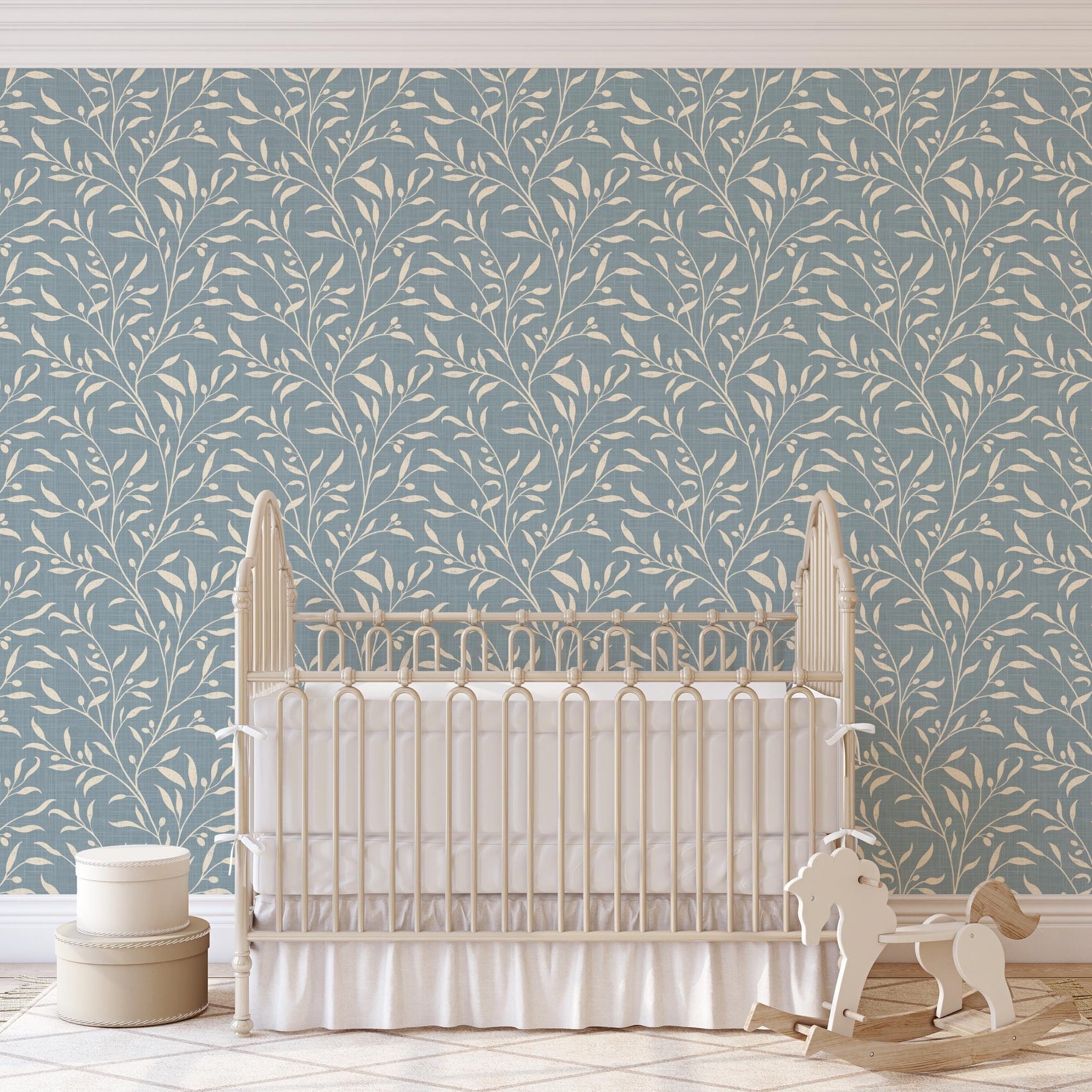 French Country Wallpaper shown in Removable Peel and Stick or Pre-pasted. This Olive Tree Leaf & Branches blue botanical is great for cottagecore, mediterranean, or english country style Bedroom, Living Room, Entry, powder room or bathroom.
