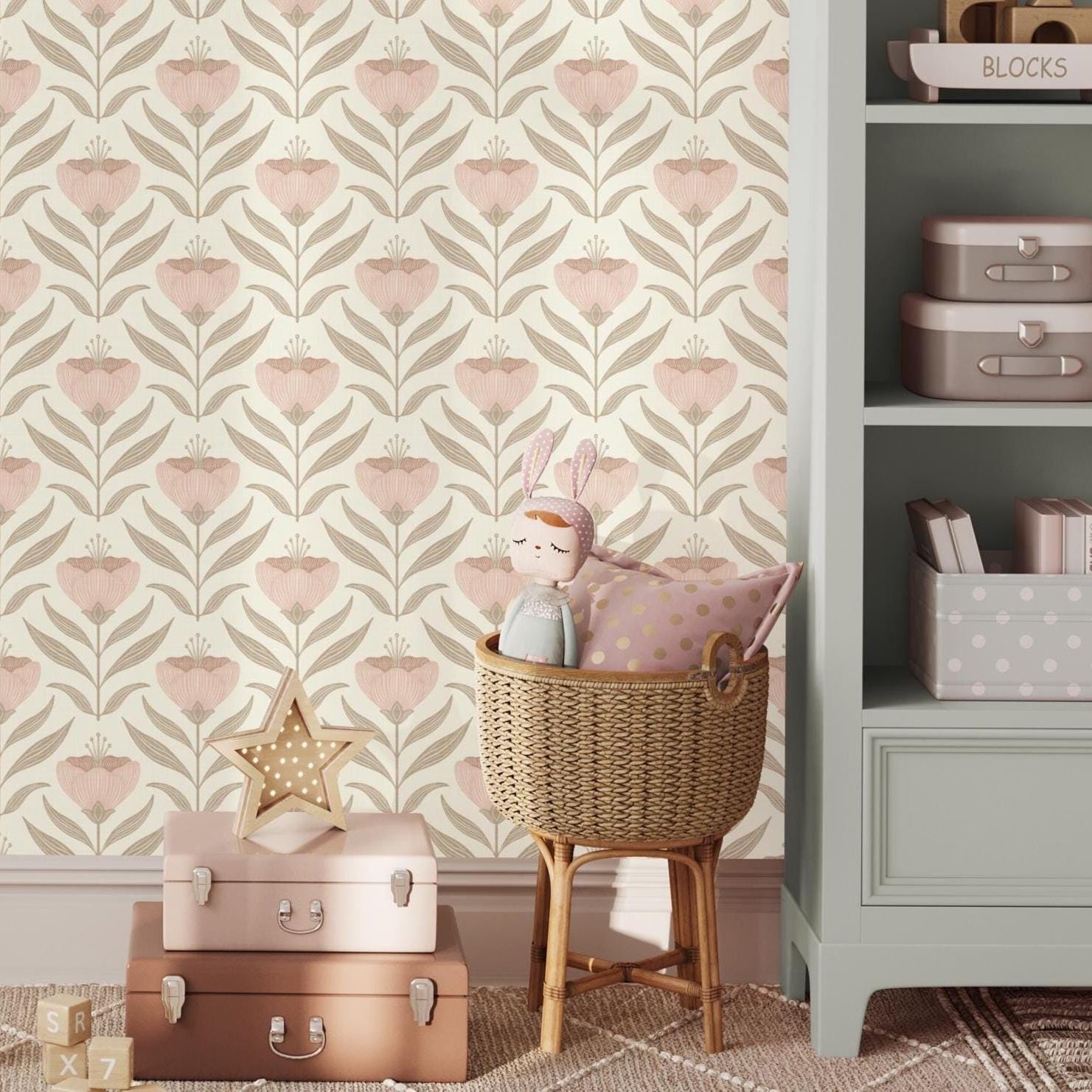 Baby Girl Nursery Wallpaper shown in Peel and Stick Removable or prepasted. This French Country Cottage style print features Whimsical Pink Pastel widflowers for a Vintage botanical garden look. Perfect for toddler, kid or Teen Tween Bedroom