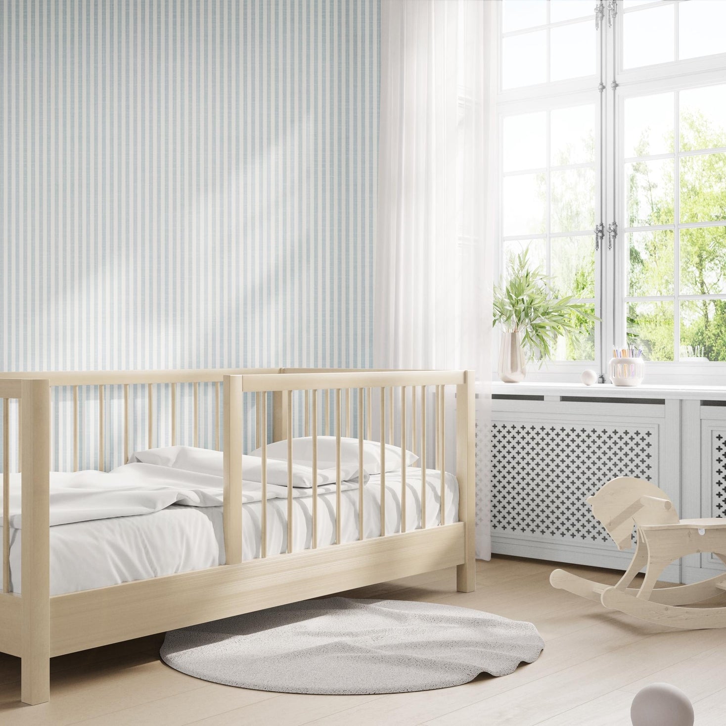Farmhouse Stripe Wallpaper - Blue wallpaper available in peel and stick (removable), prepasted, and traditional nonpasted / unpasted 