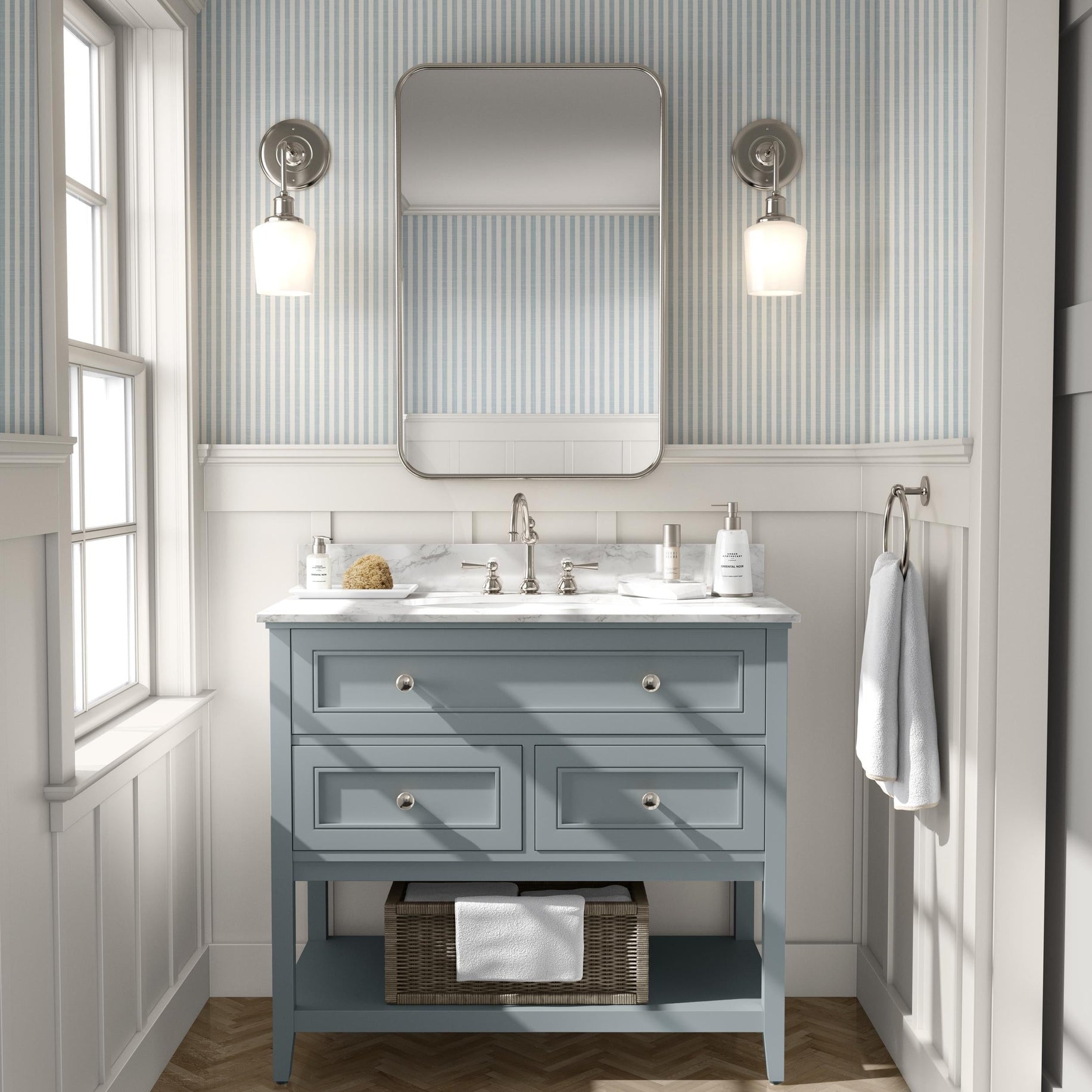 Farmhouse Stripe Wallpaper - Blue wallpaper available in peel and stick (removable), prepasted, and traditional nonpasted / unpasted 
