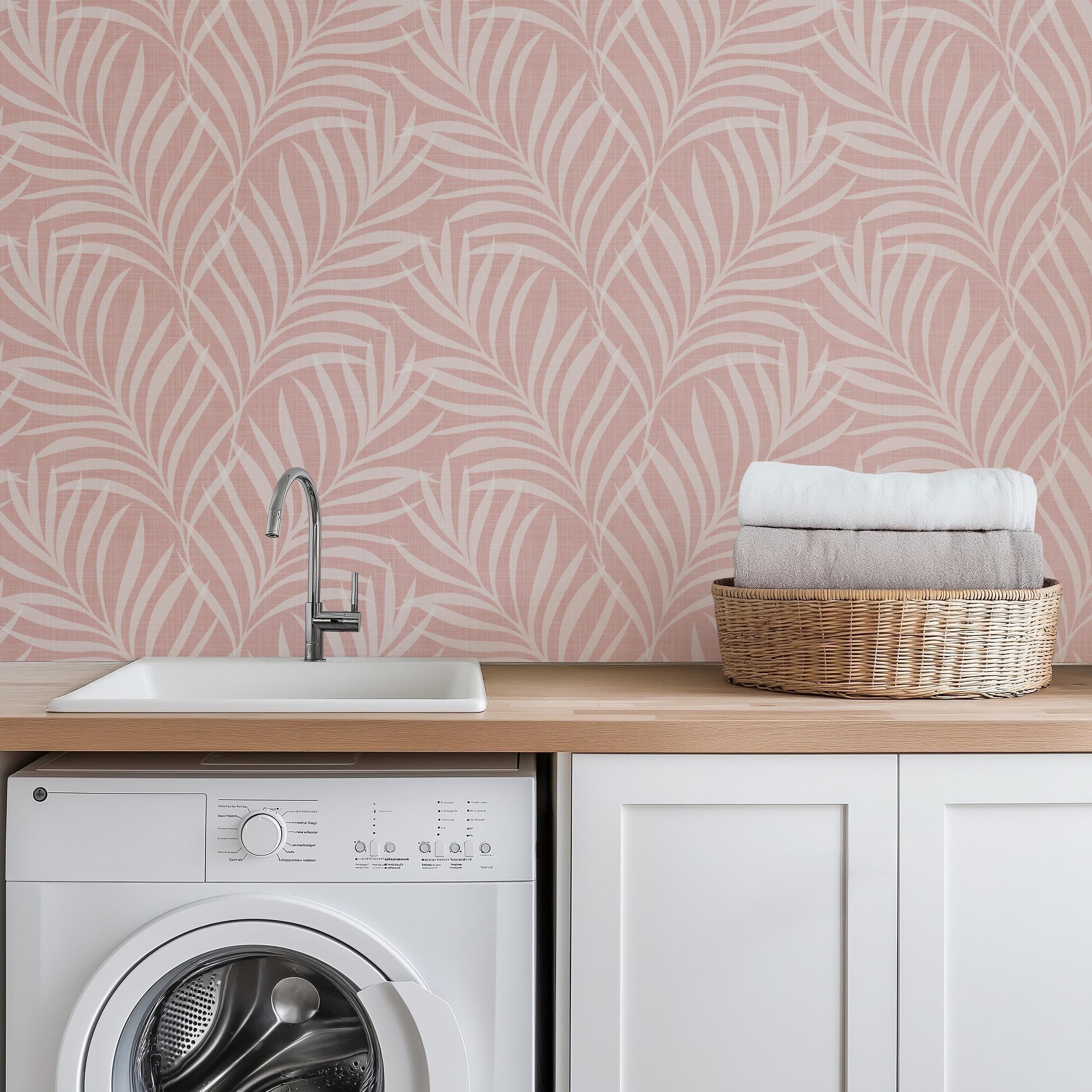Boho Tropical Pink Peel and Stick Wallpaper with palm frond leaves. Shown in removable peel and stick or pre-pasted, this is a perfect palm springs print for baby girl nursery, teen tween room, or kids bathroom.